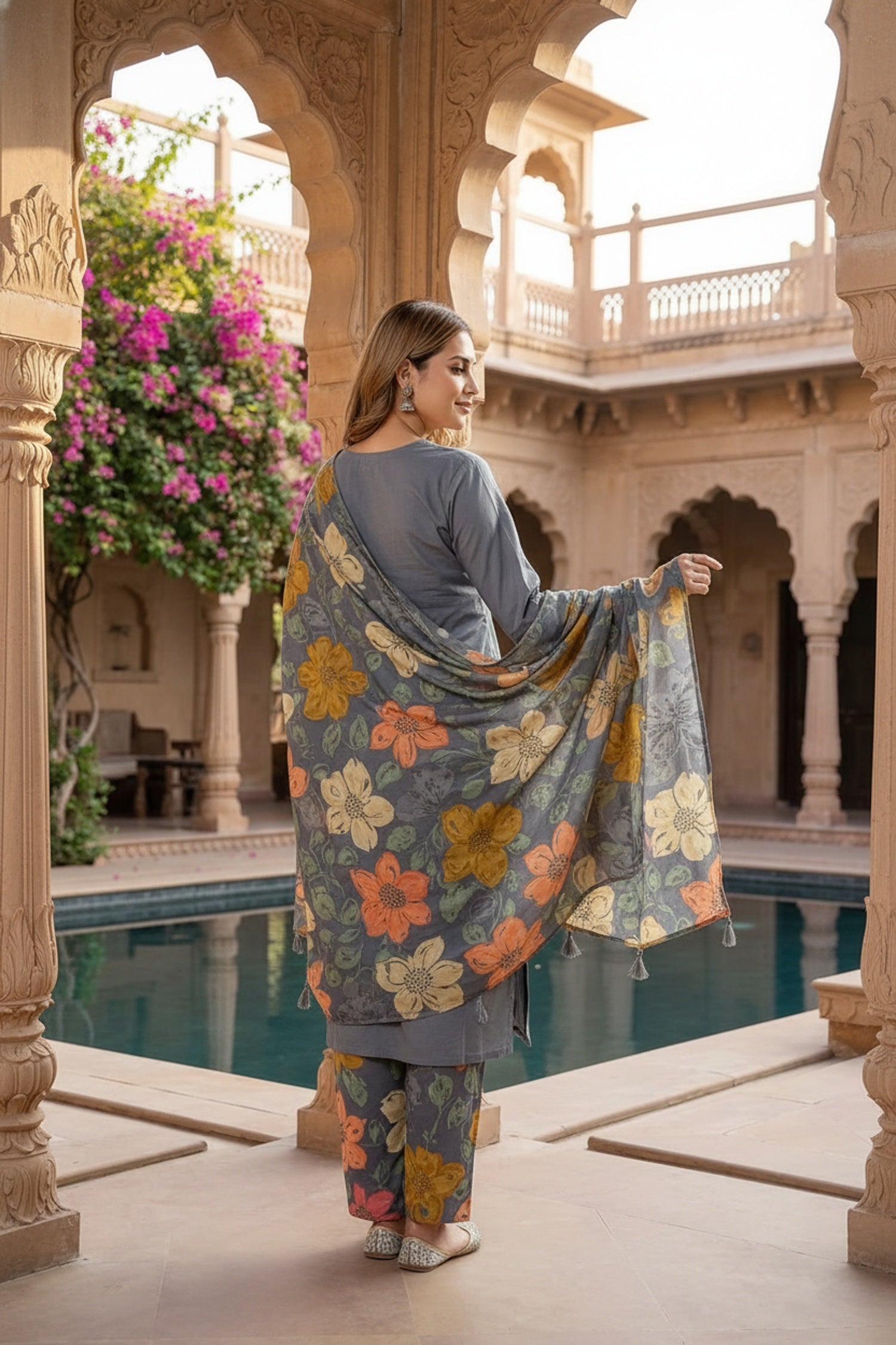 Grey Cotton Three-Piece Set with Printed Bottom & Dupatta
