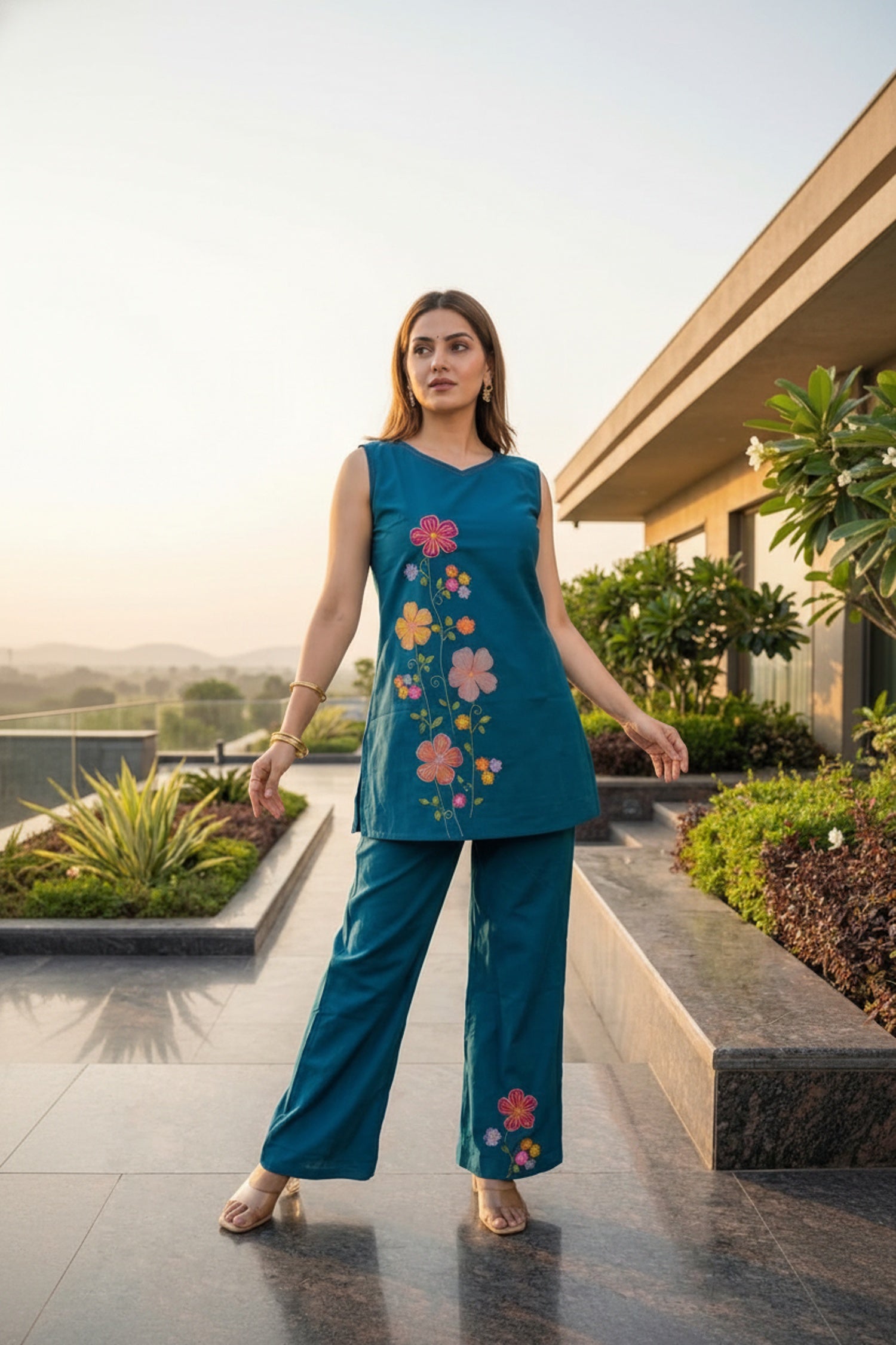 Blue Sleeveless Cotton Co-ord Set with Floral Embroidery