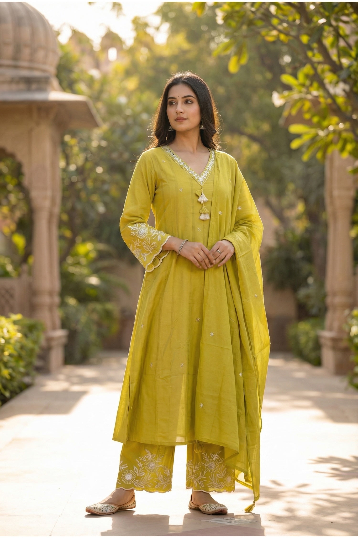Mustard Embroidered Buti Kurta Set with Floral Placement Work & Tassel Neck Detail