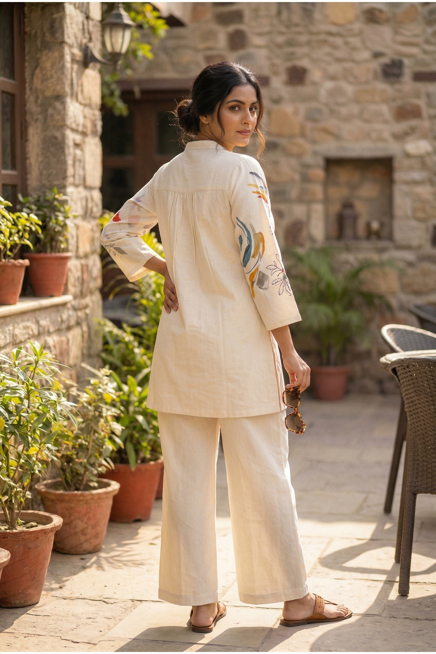 Off-White Cotton Co-ord Set with Minimal Print