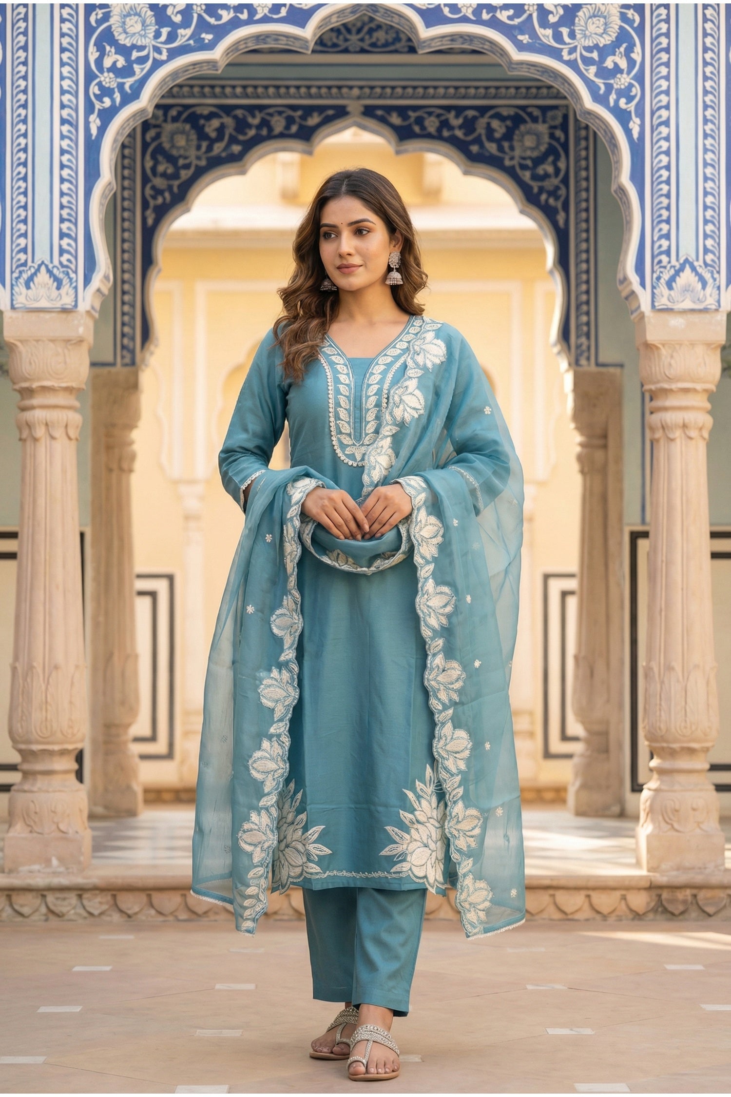 Floral Embroidered Kurta Set with Buti Work & Statement Dupatta Border