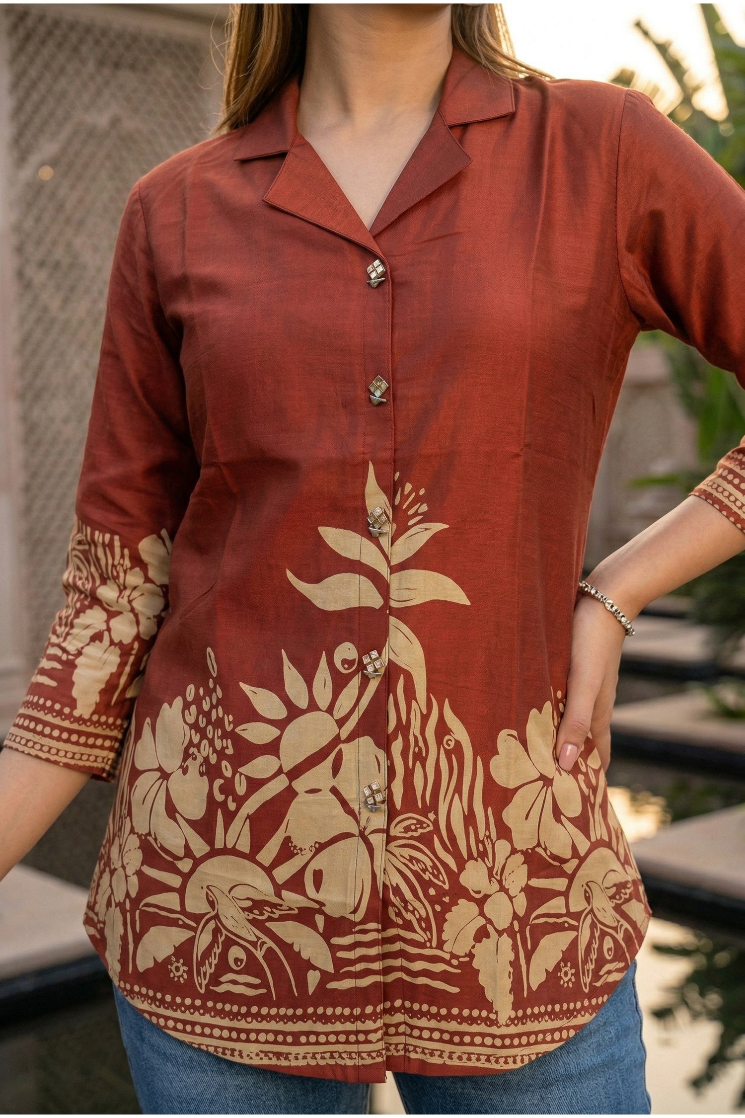 Rust Top with Contemporary Digital Print