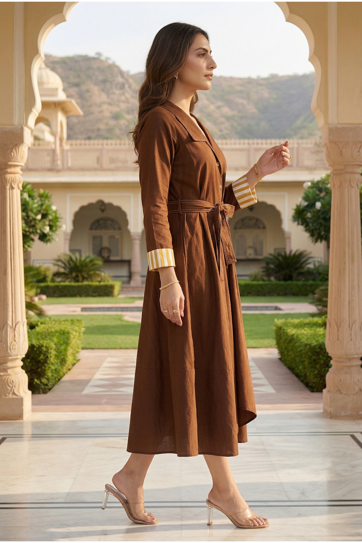 Brown Solid Long Dress with Belt