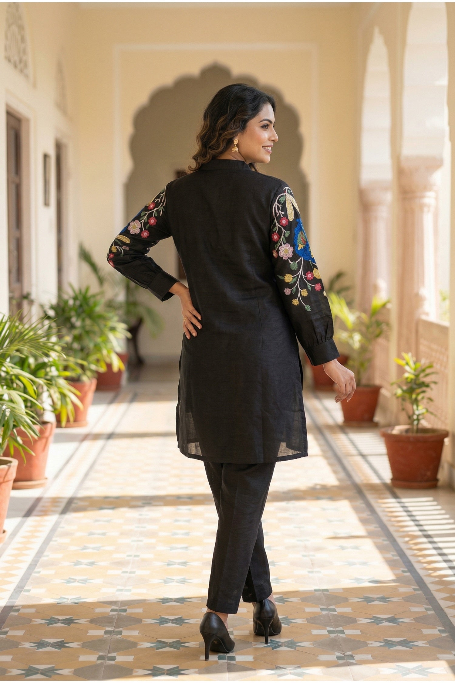 Black Co-ord Set with Multicolor Thread Embroidered Top