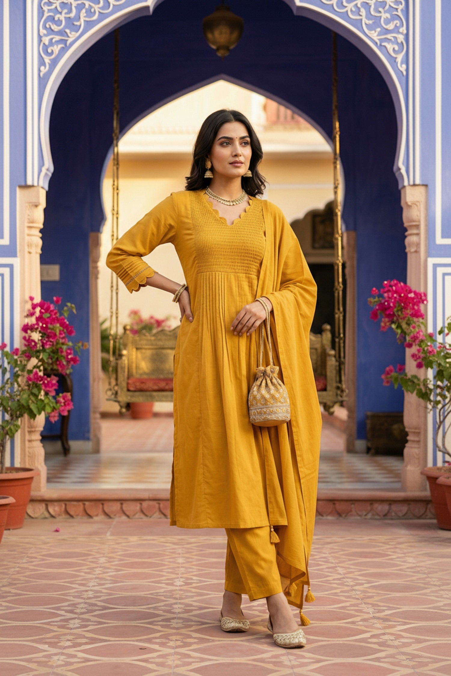 Mustard Straight-Cut Cotton Three Piece Suit Set