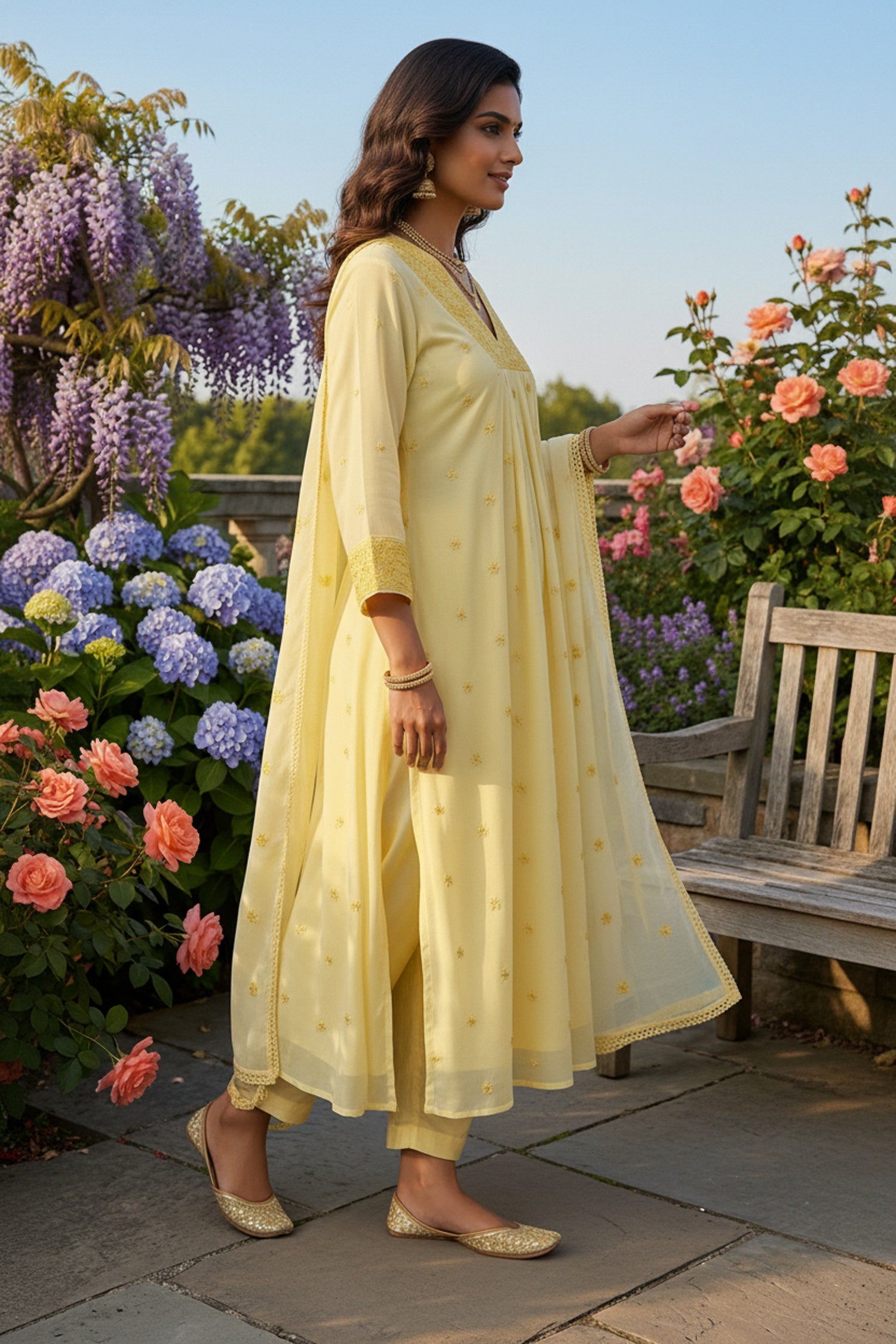 Yellow Mul Cotton Three Piece Suit Set