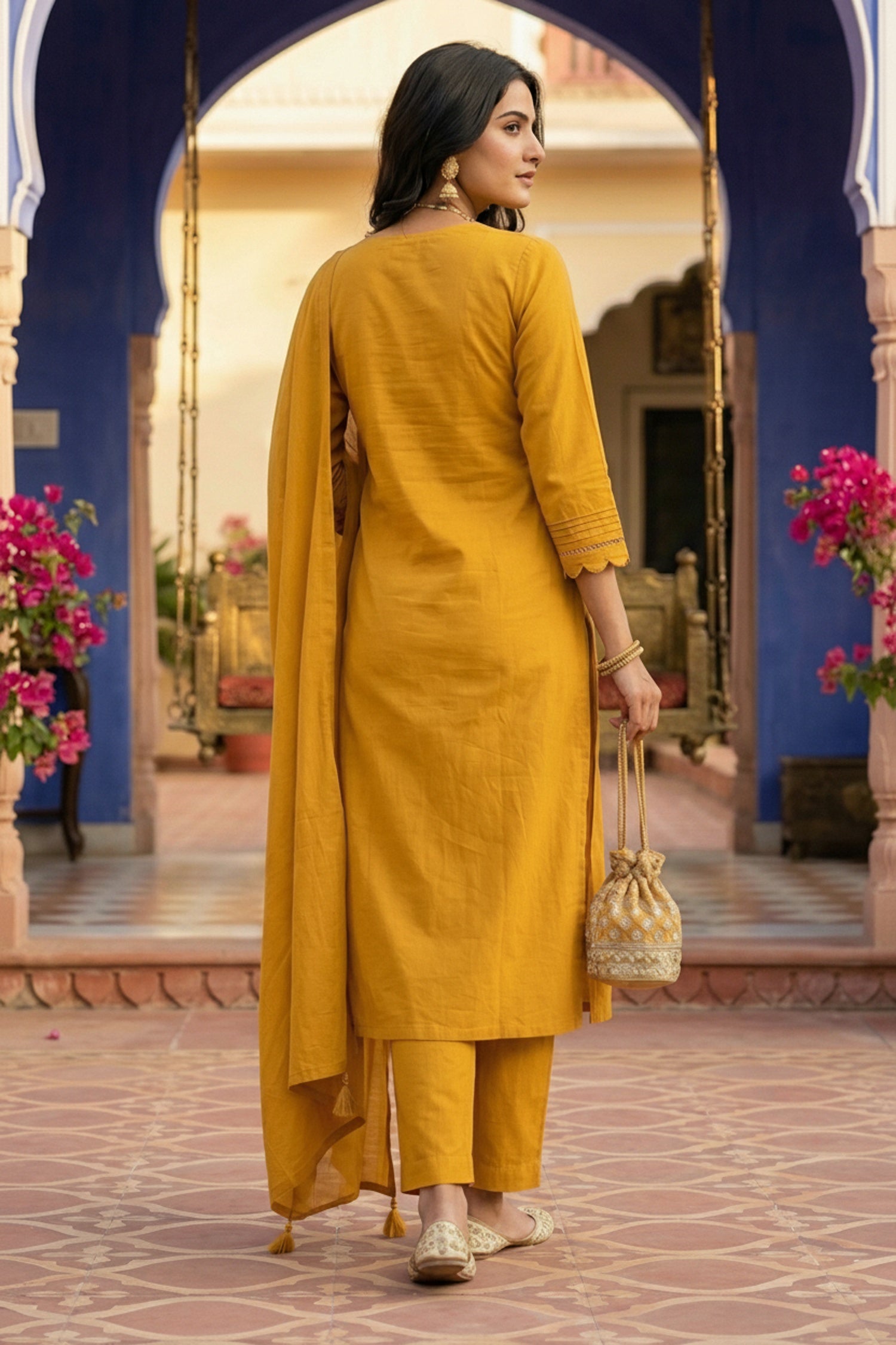 Mustard Straight-Cut Cotton Three Piece Suit Set
