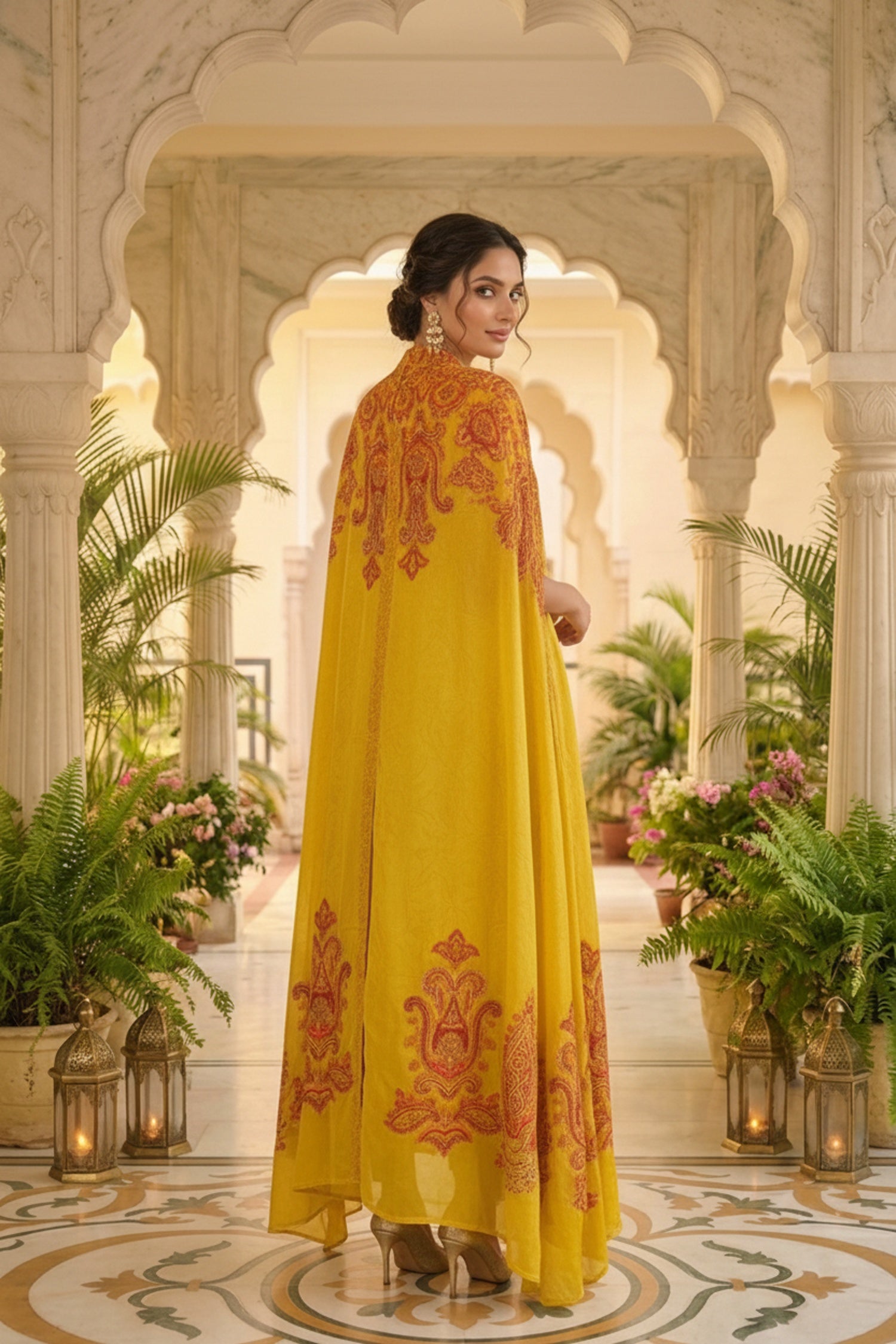 Mustard Chinon Kaftan Set with Embroidered Jacket