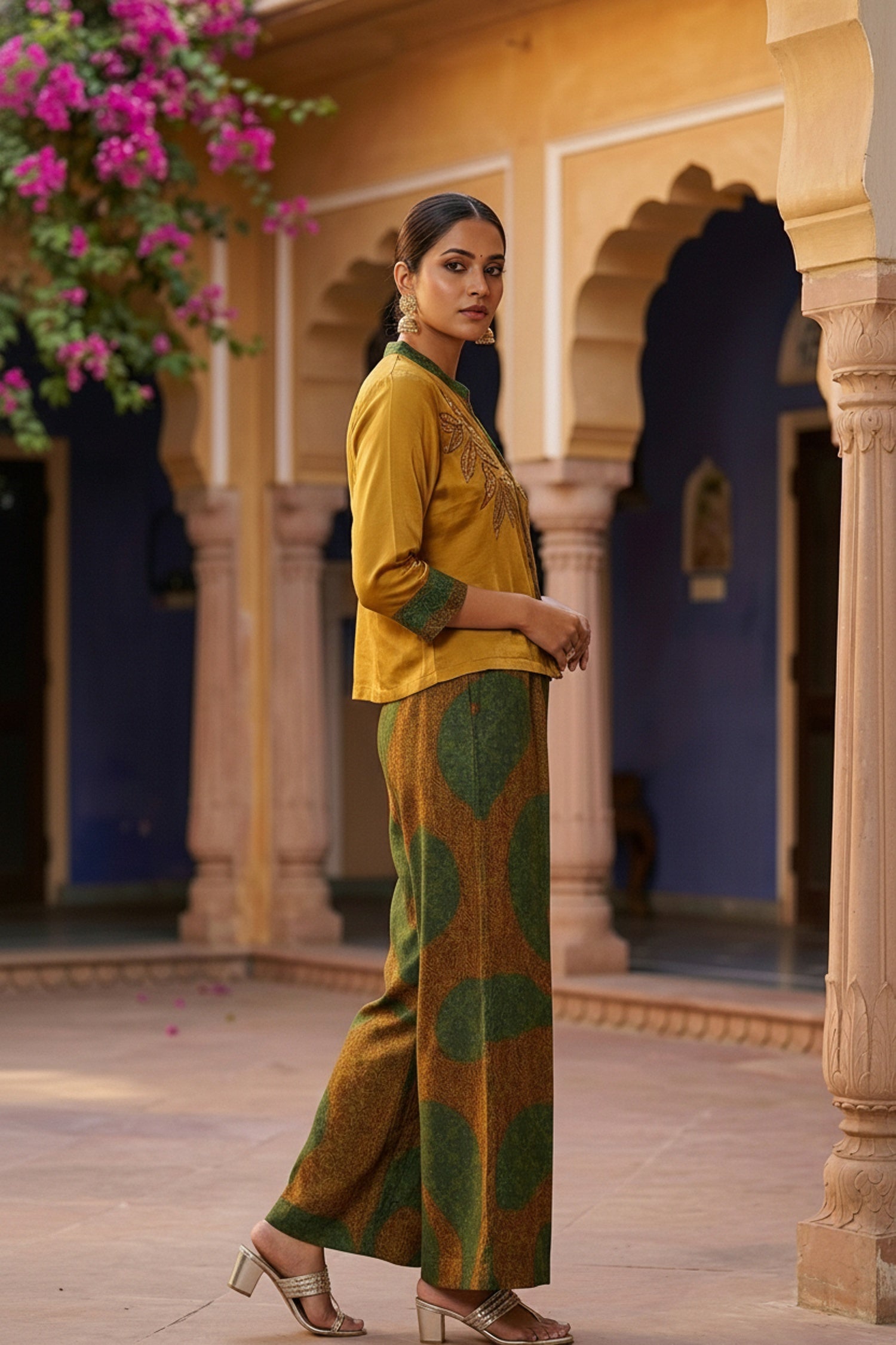 Mustard Chinon Cord Set with Embroidered Top & Printed Pants