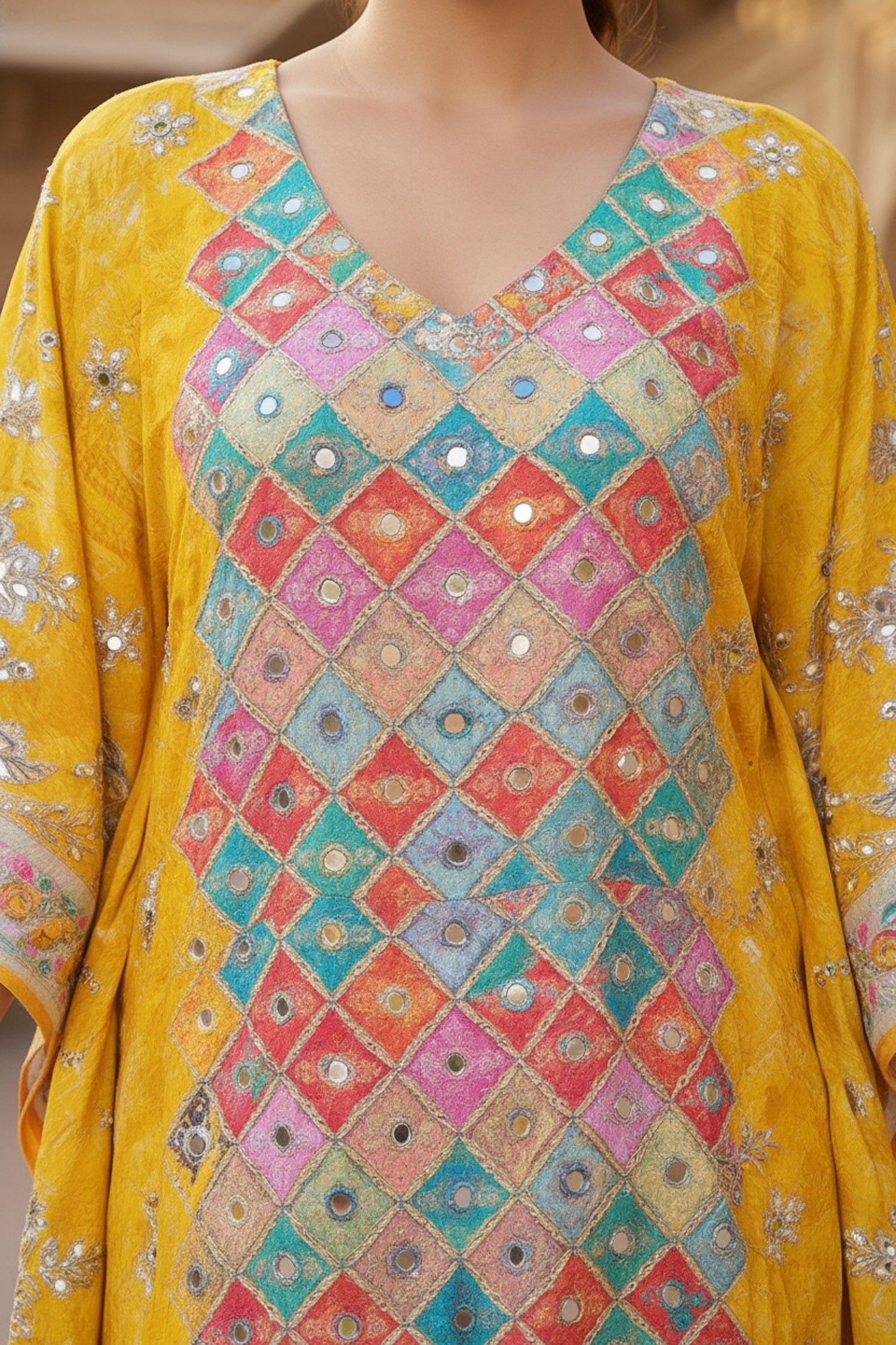 Multicolor Viscose Long Kaftan with Mirror Work Embroidery