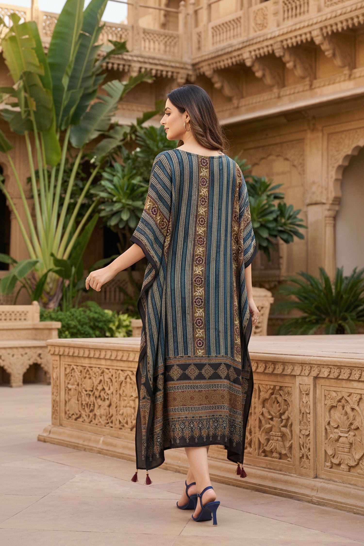 Peacock Printed Viscose Long Kaftan