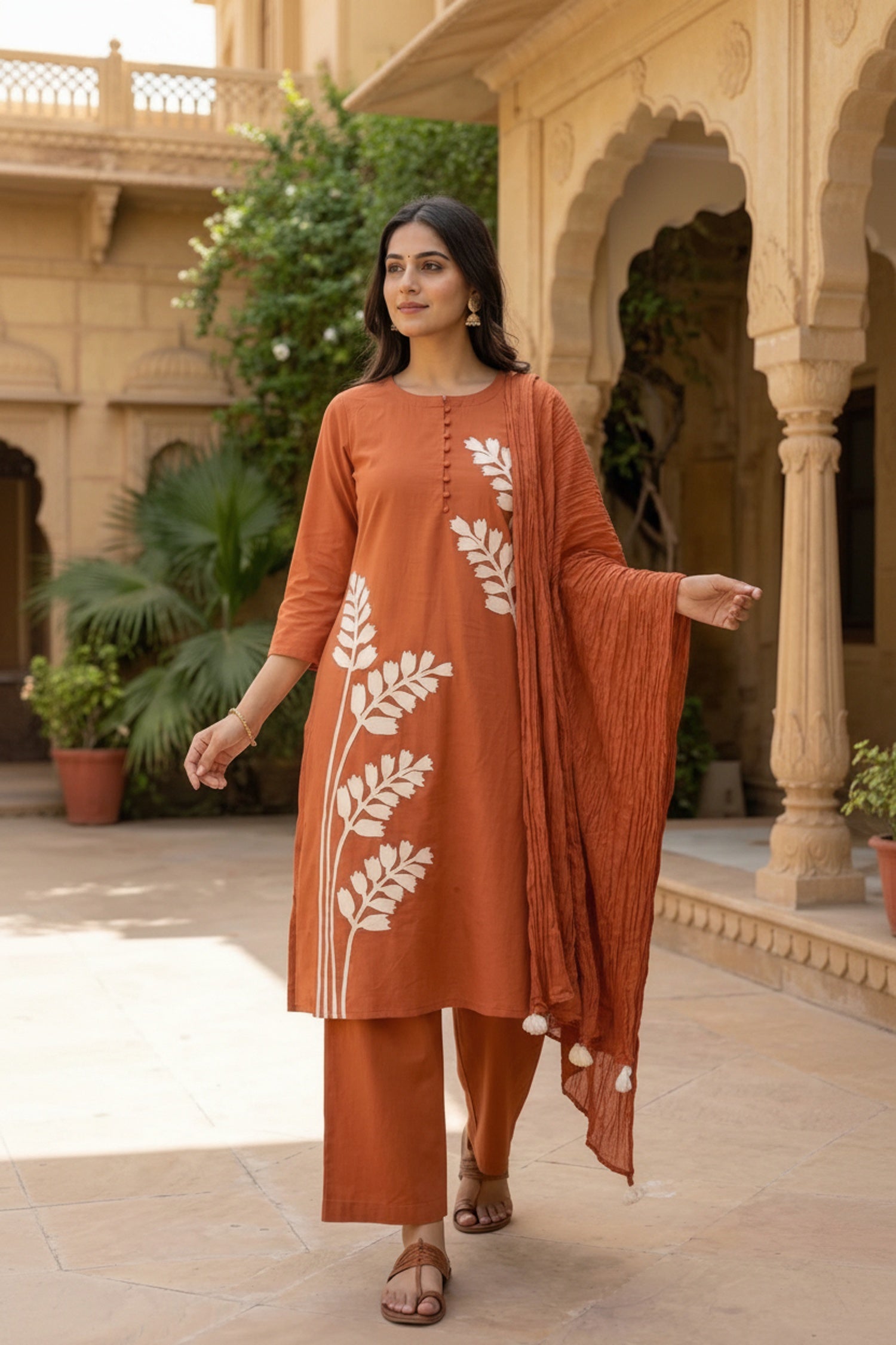 Orange Cotton Three-Piece Set with Minimal Work in Straight Cut