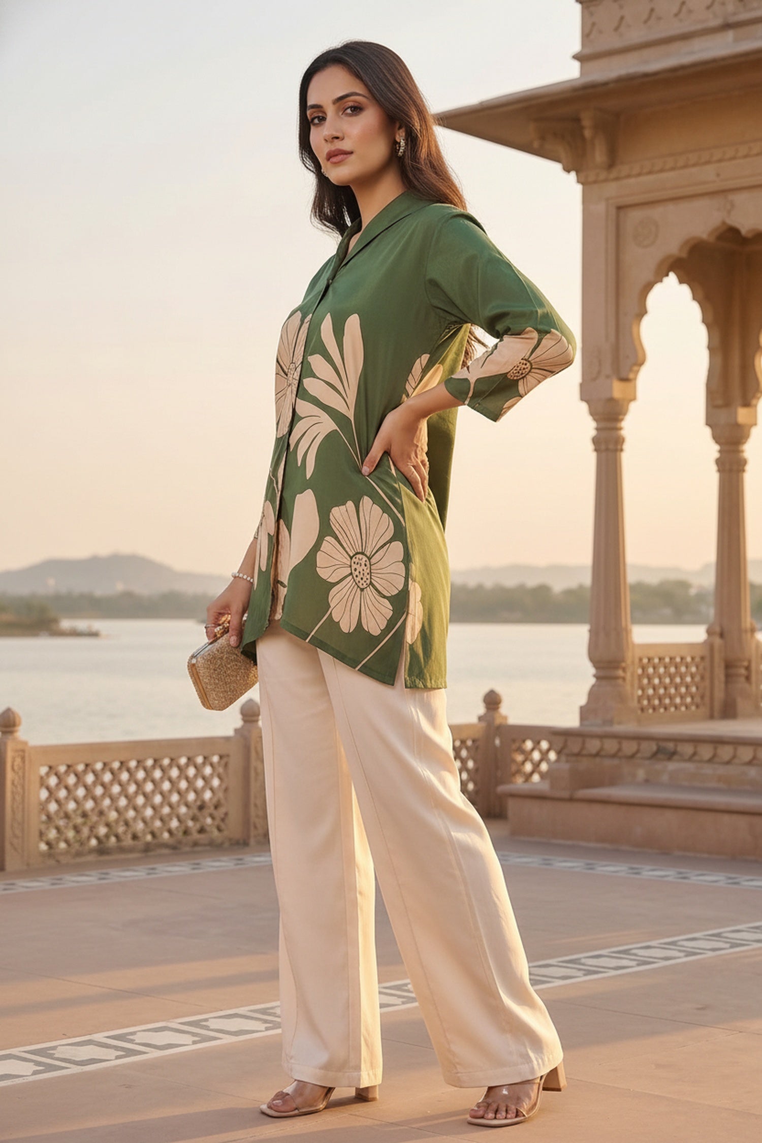 Olive Green Printed Cotton Shirt