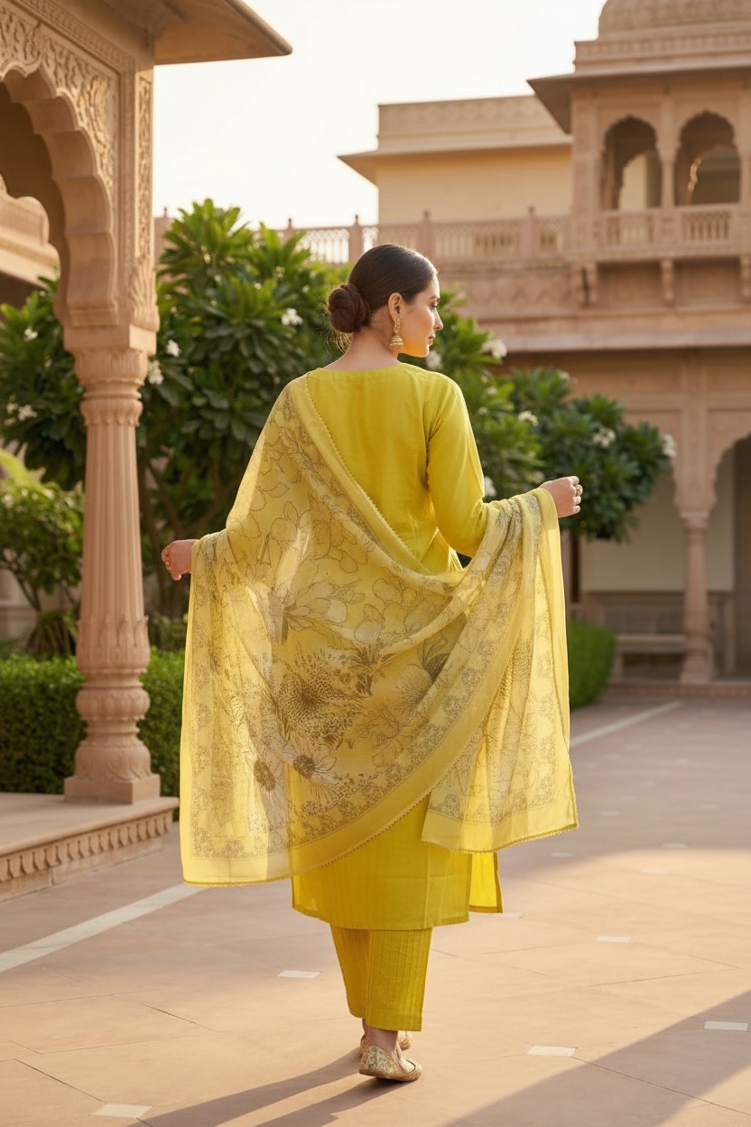Yellow Cotton Three-Piece Set with Tissue Silk Dupatta