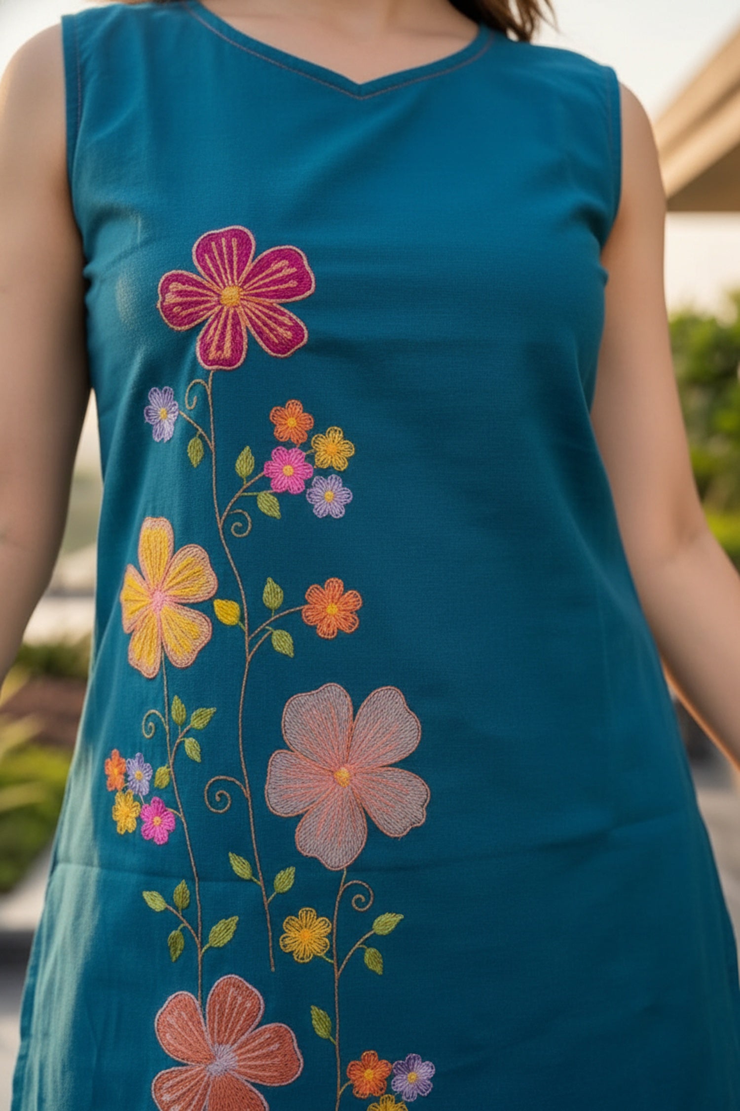 Blue Sleeveless Cotton Co-ord Set with Floral Embroidery