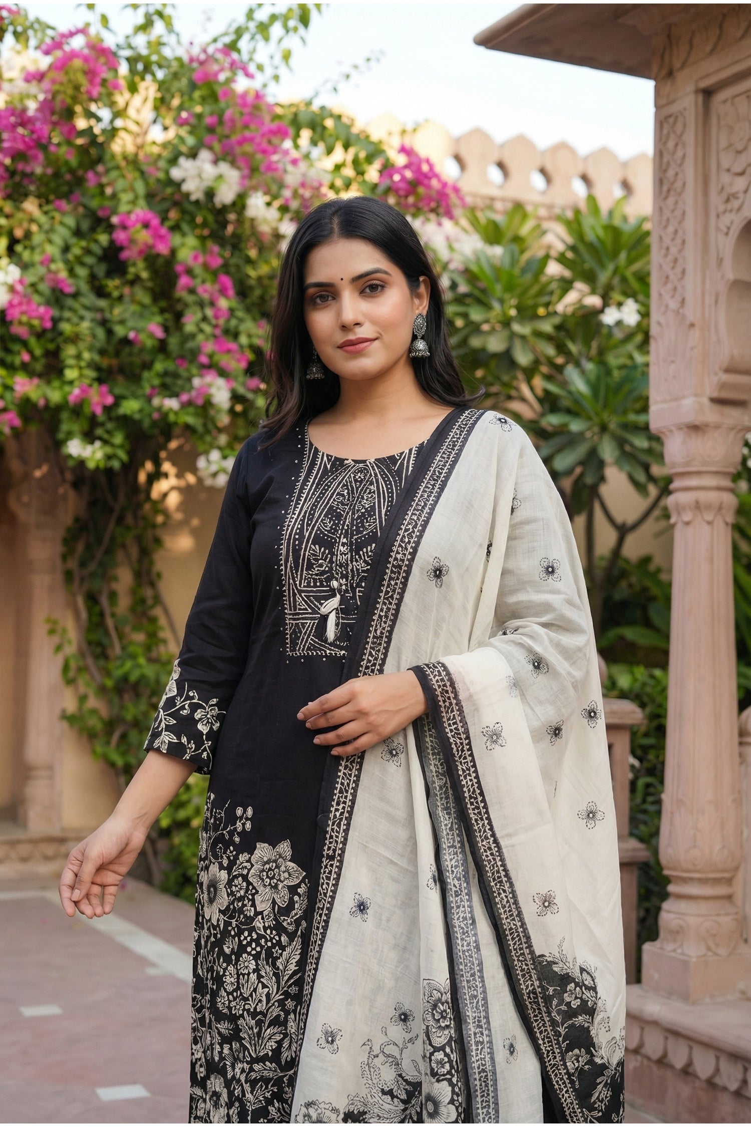 Black Cotton Three-Piece Suit Set with Elegant Ethnic Design