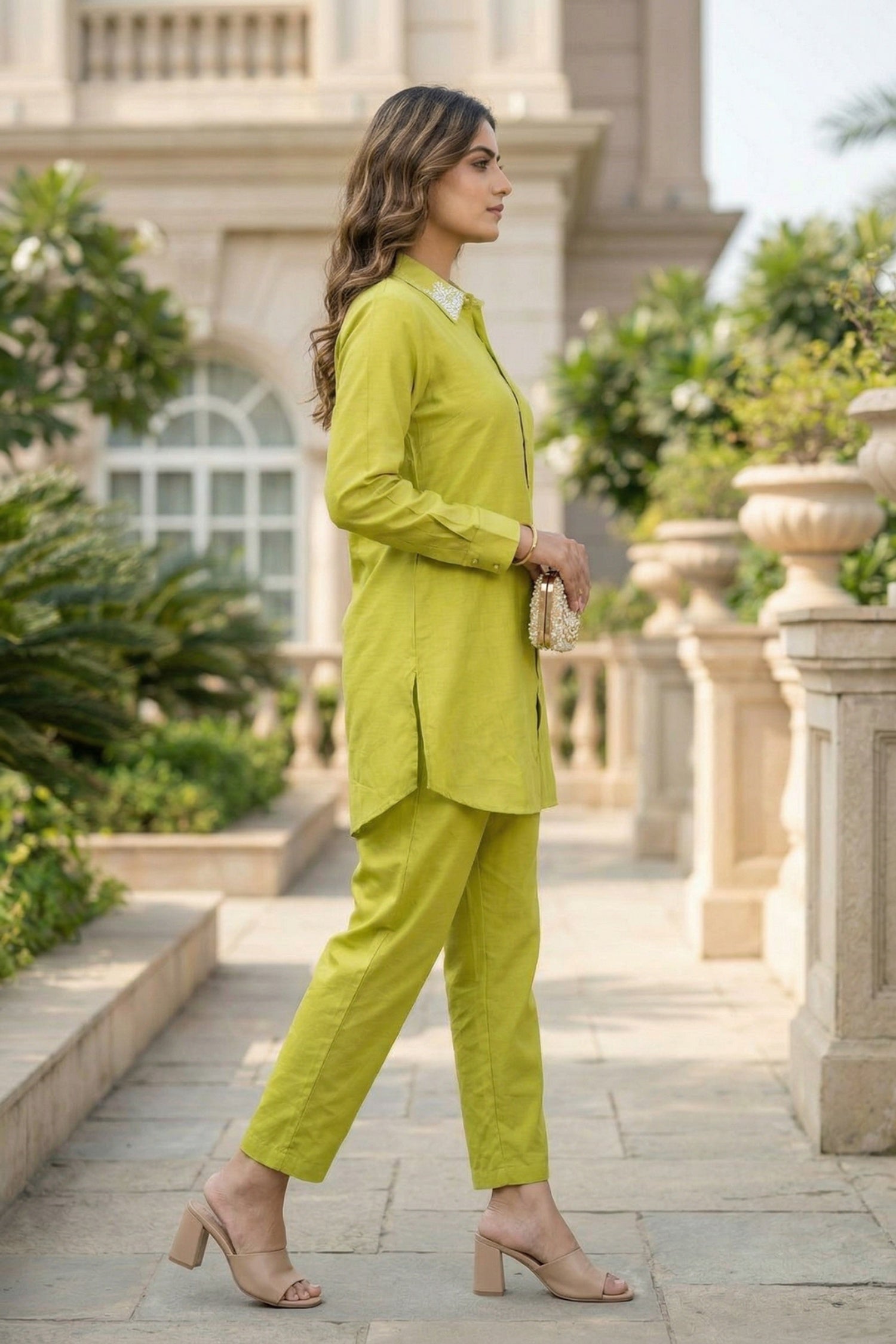 Yellow Cotton Co-ord Set with Collar Embroidery