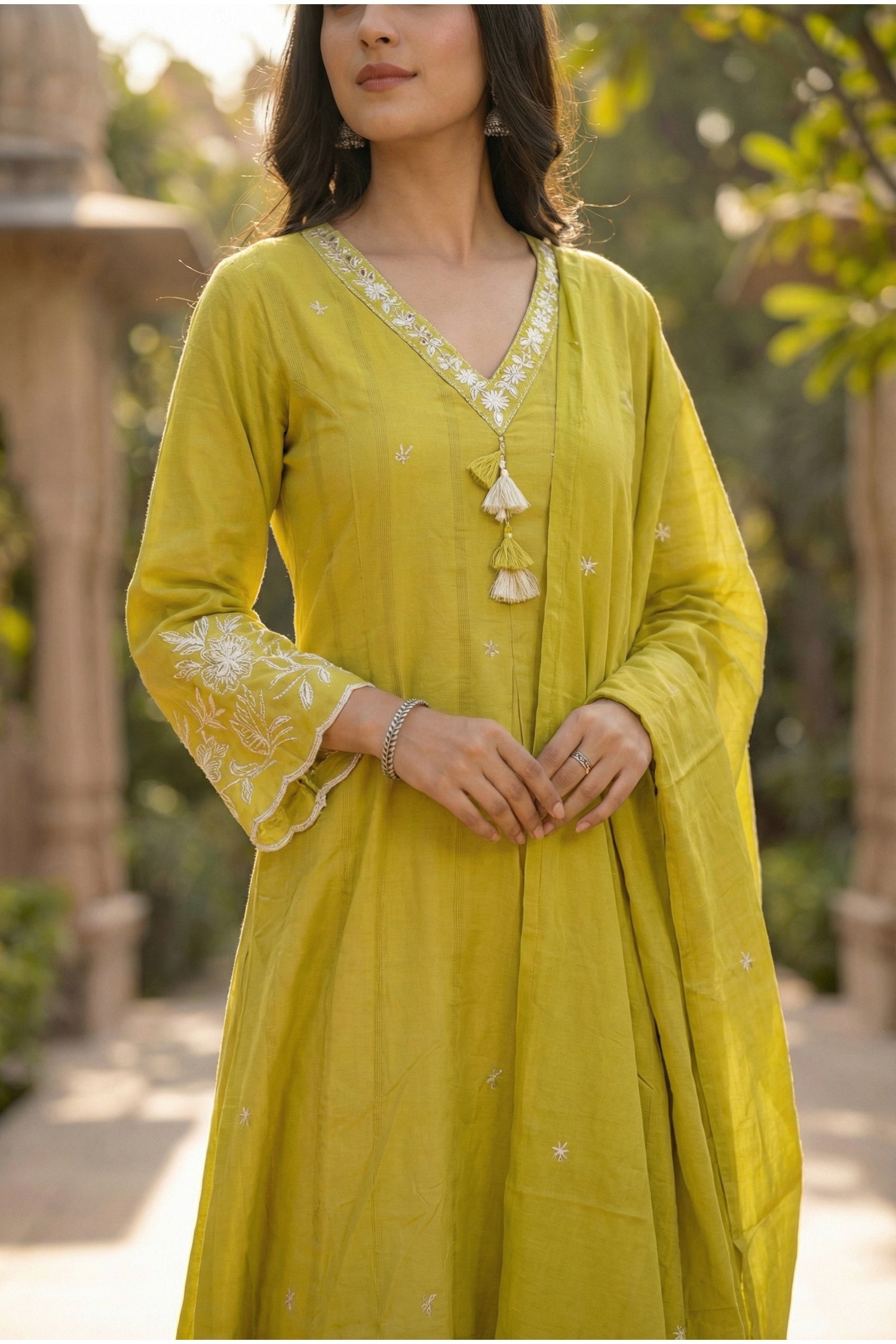 Mustard Embroidered Buti Kurta Set with Floral Placement Work & Tassel Neck Detail