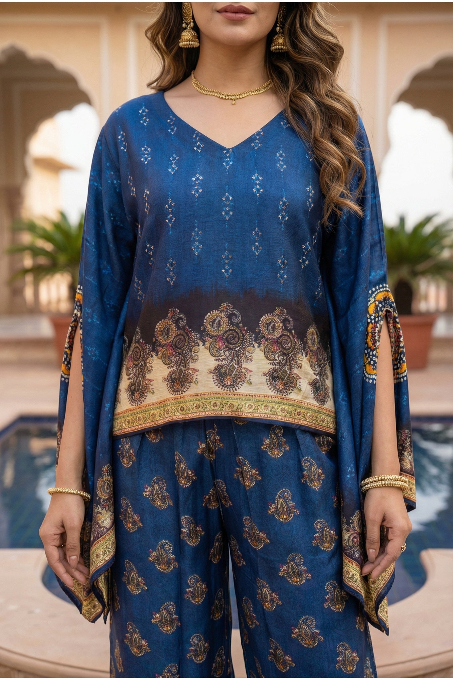 Navy Blue Ethnic Print Co-ord Set with Kaftan-Style