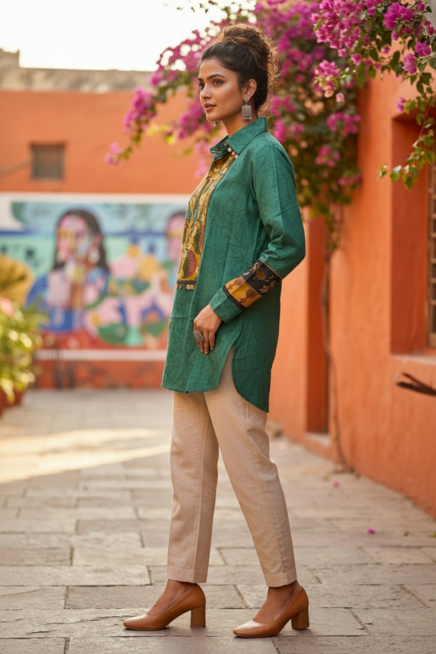 Chic Green Printed Satin Fashion Top