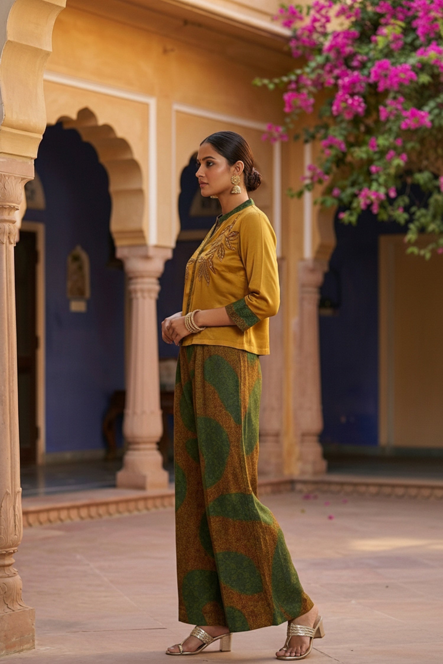 Mustard Chinon Cord Set with Embroidered Top & Printed Pants