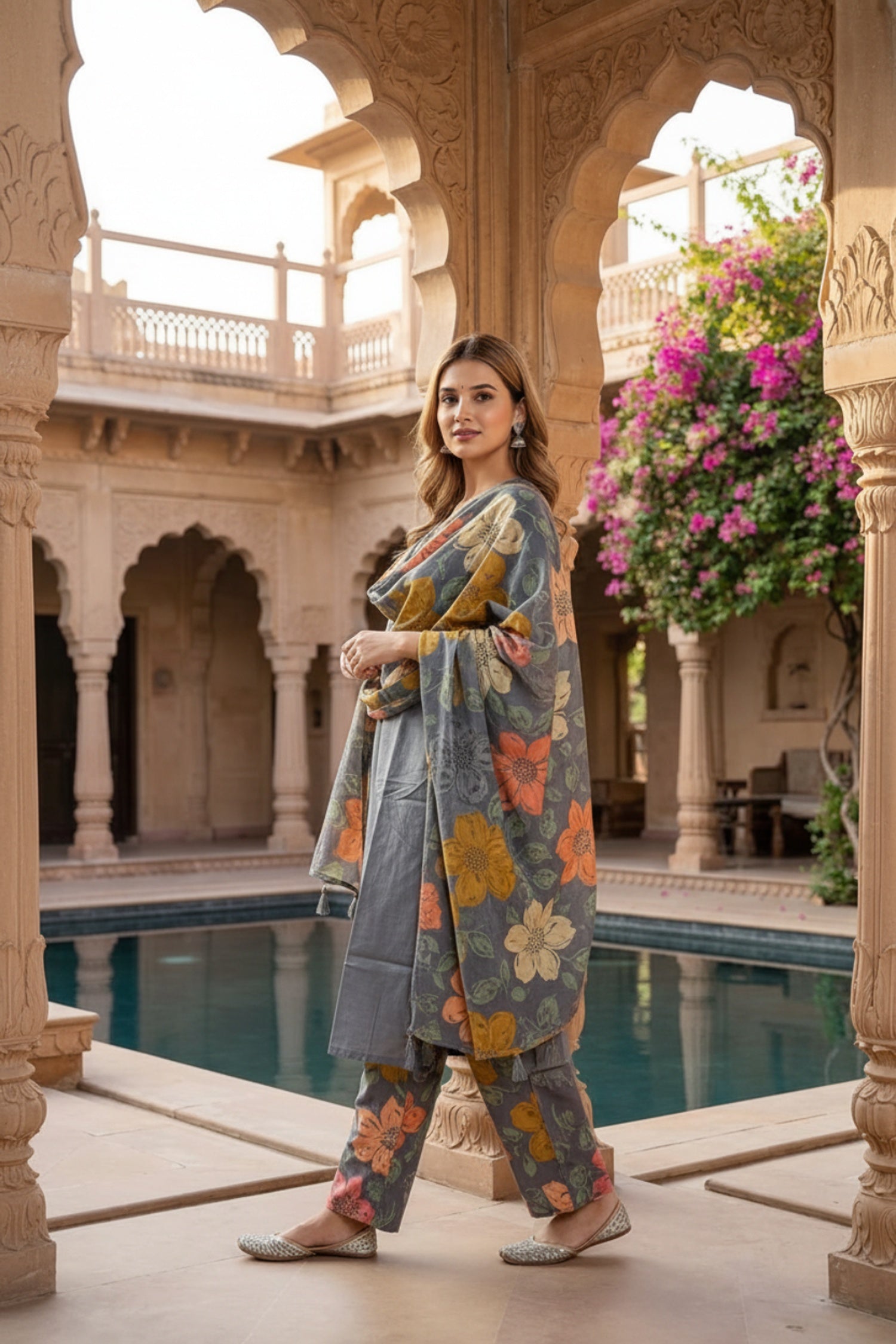 Grey Cotton Three-Piece Set with Printed Bottom & Dupatta