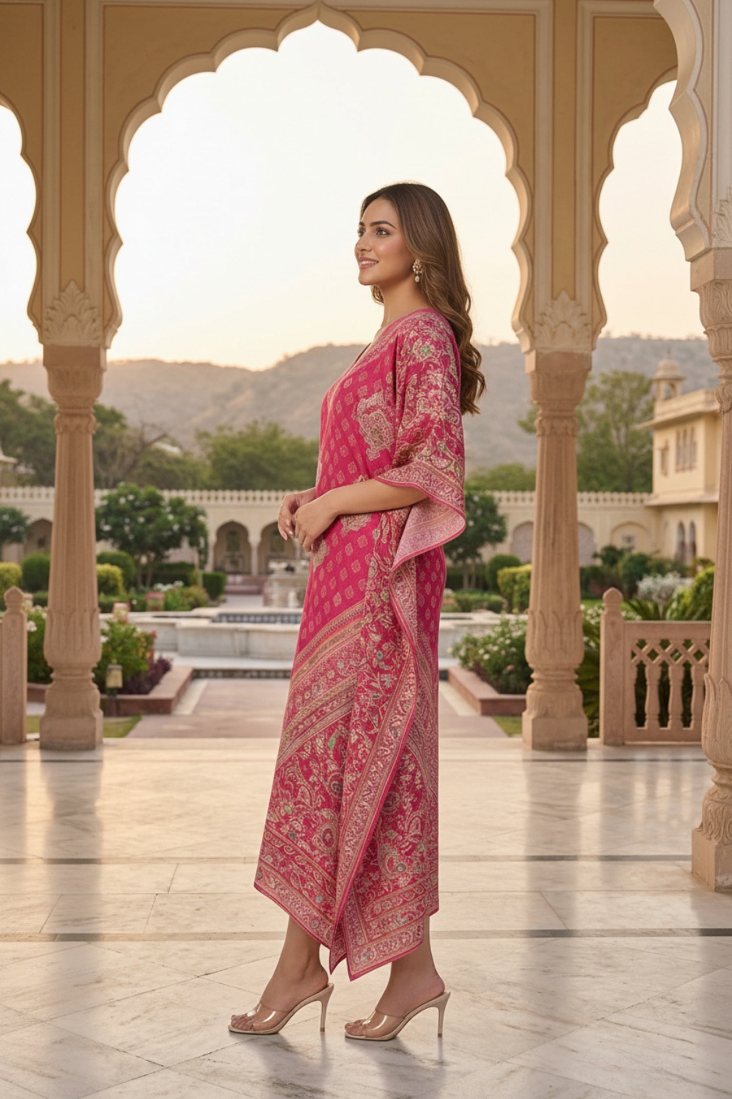Pink Printed Viscose Long Kaftan