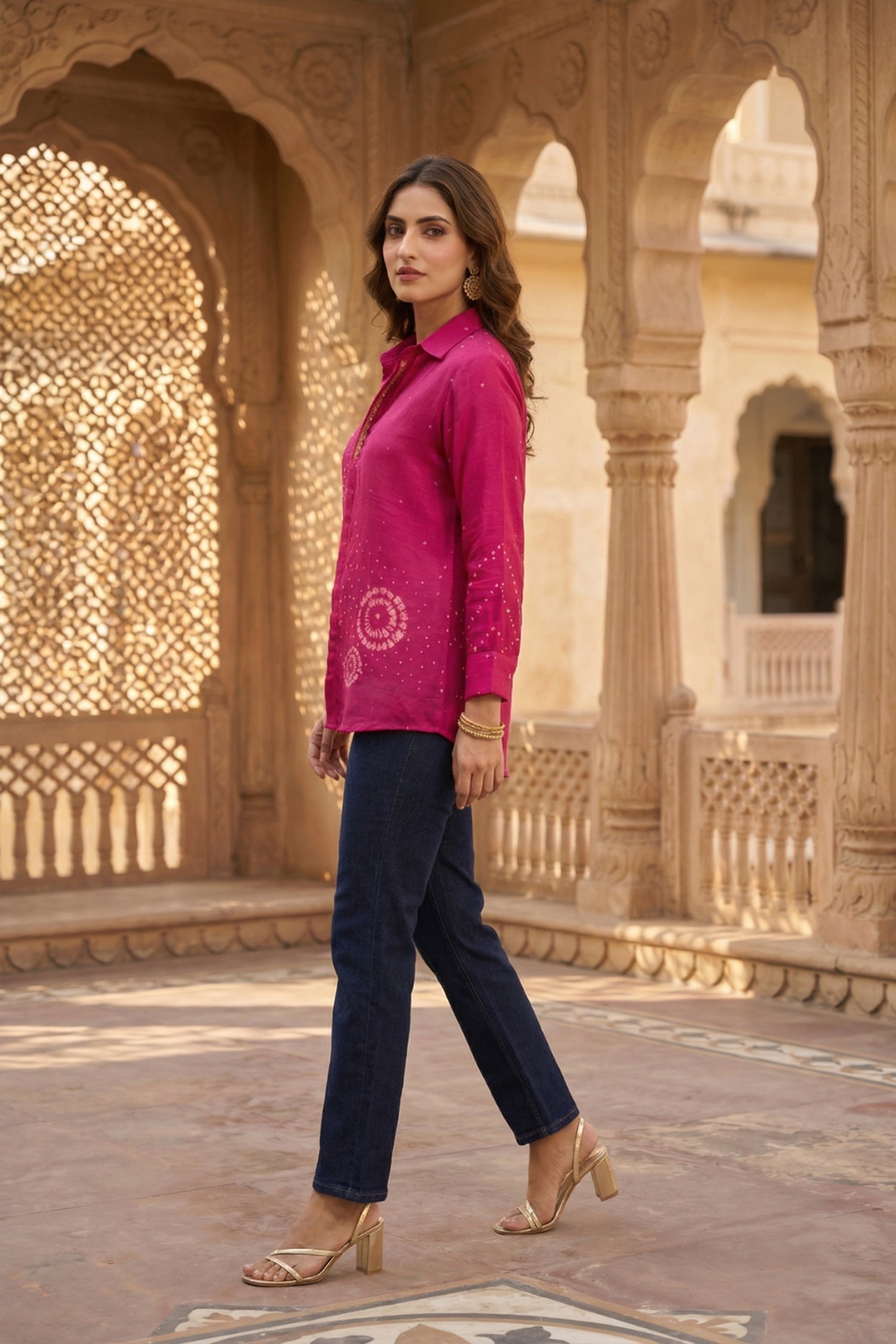 Rani Pink Satin Shirt with Ethnic Bandhani Pattern