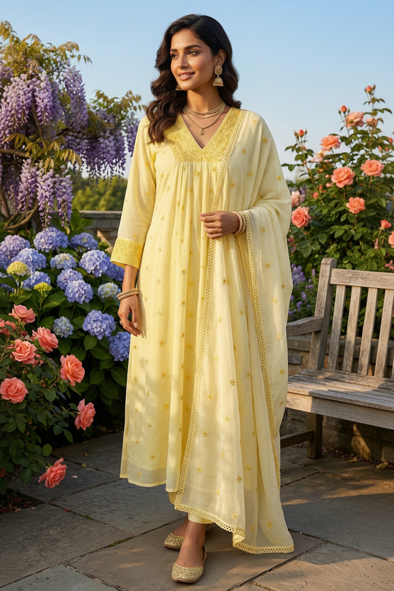 Yellow Mul Cotton Three Piece Suit Set