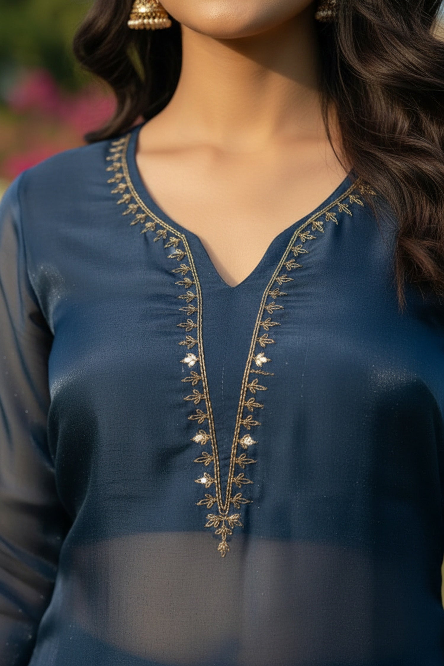 Blue Royale Organza Embroidered Layered Cord Set