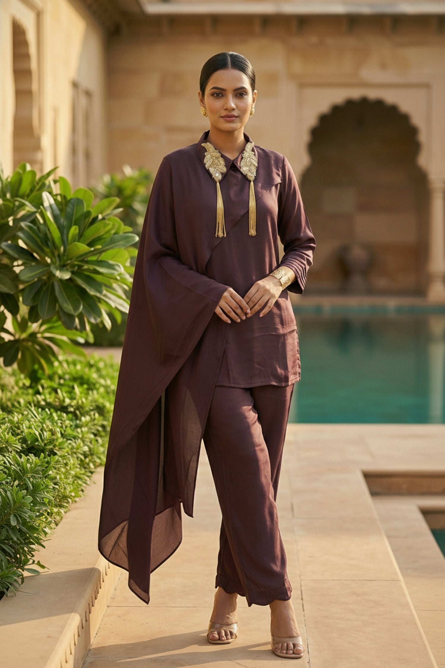 Wine Elegance Embroidered Collar Co-ord Set