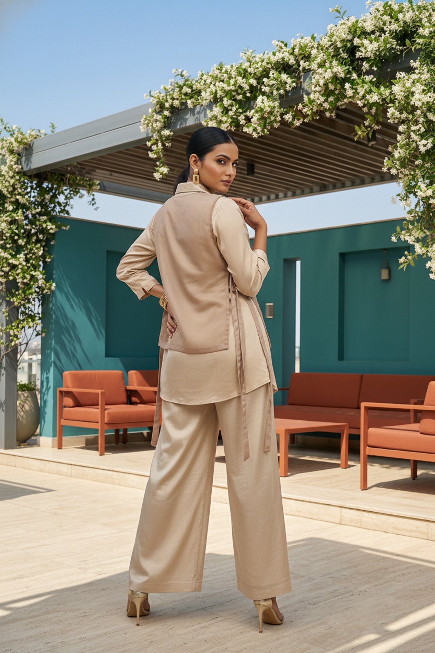 Beige Grace Tissue Jacket with Chinon Cord Set