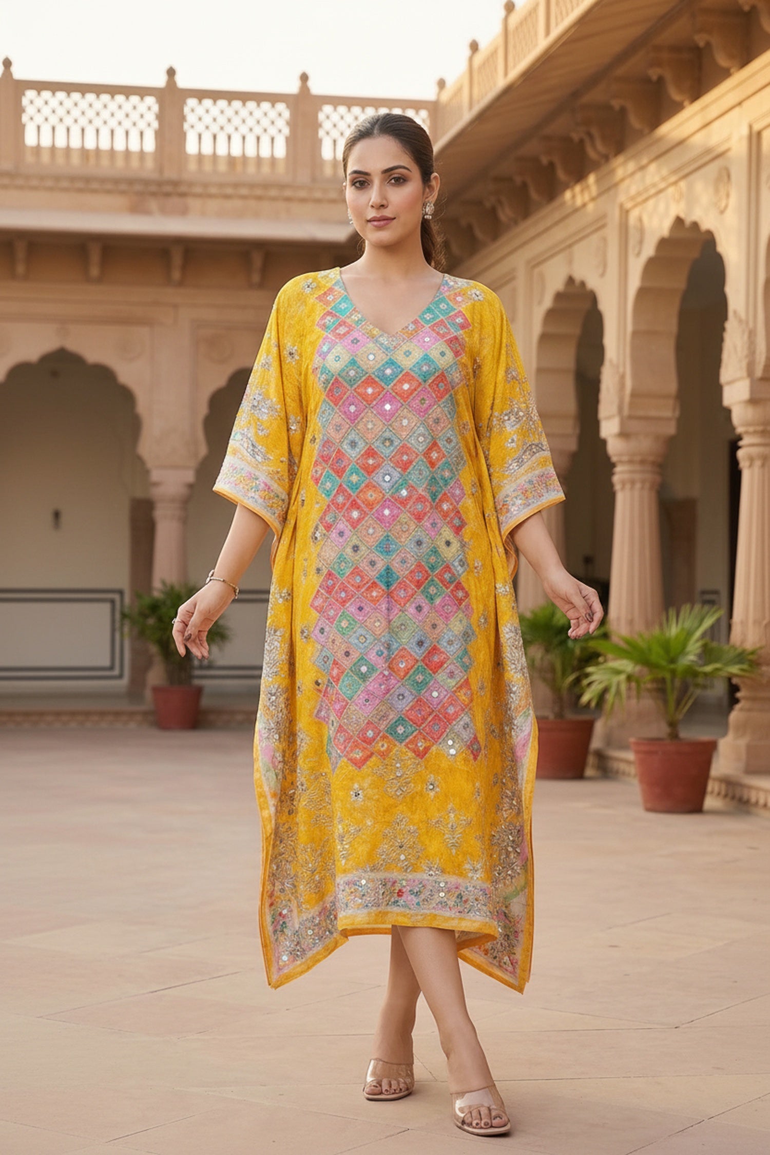 Multicolor Viscose Long Kaftan with Mirror Work Embroidery