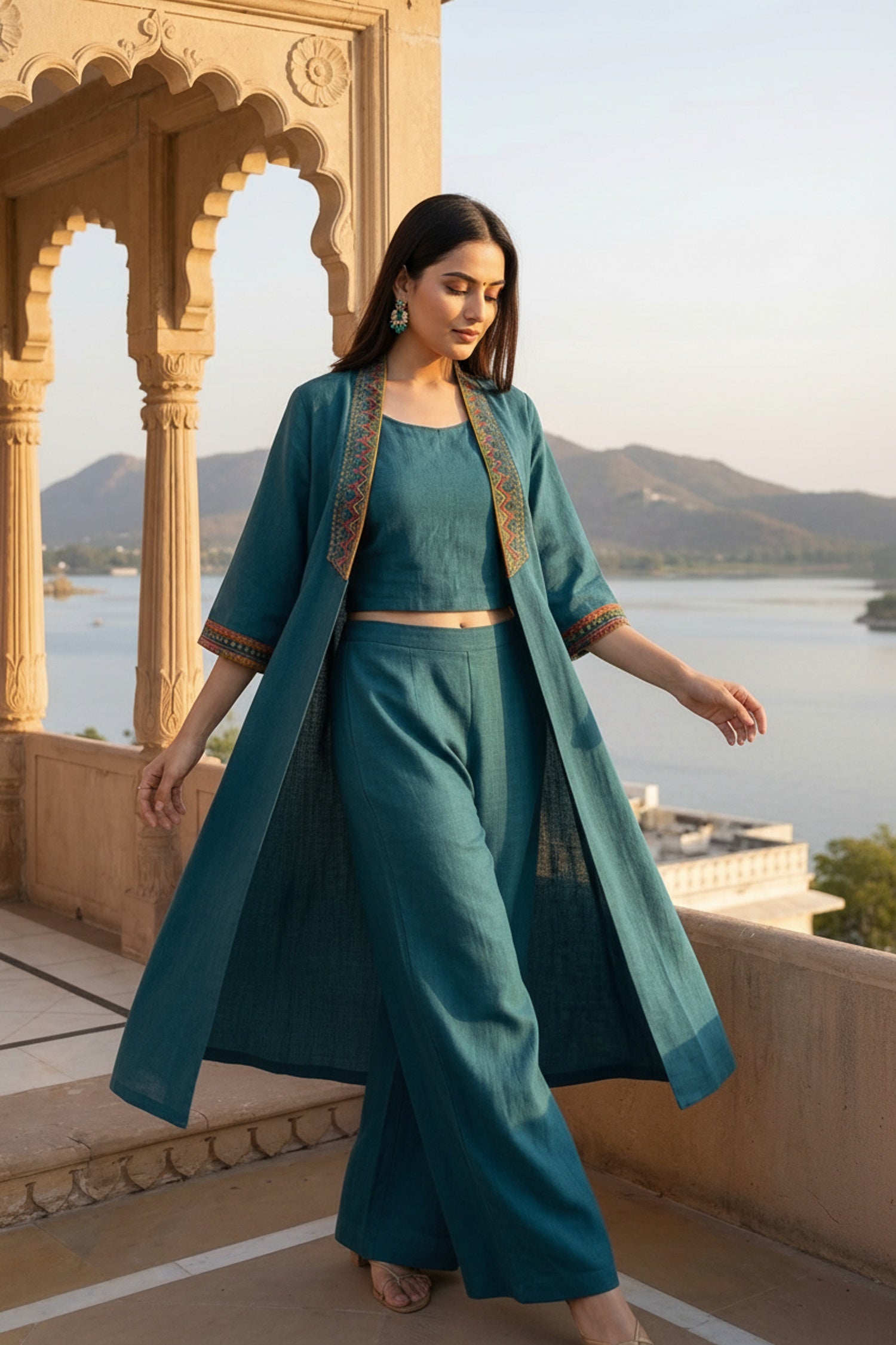 Teal Blue Cotton Co-ord Set with Long Jacket