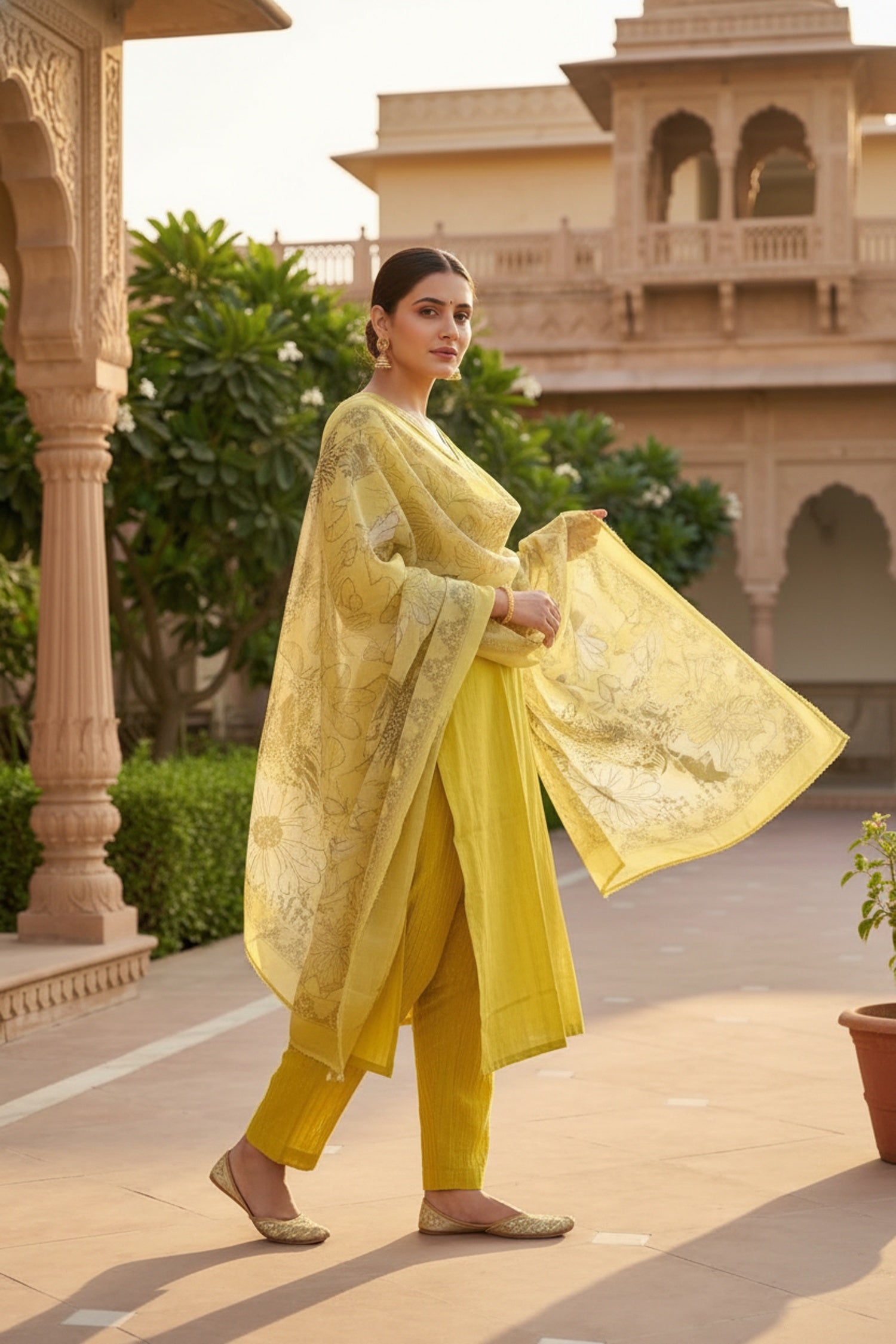 Yellow Cotton Three-Piece Set with Tissue Silk Dupatta