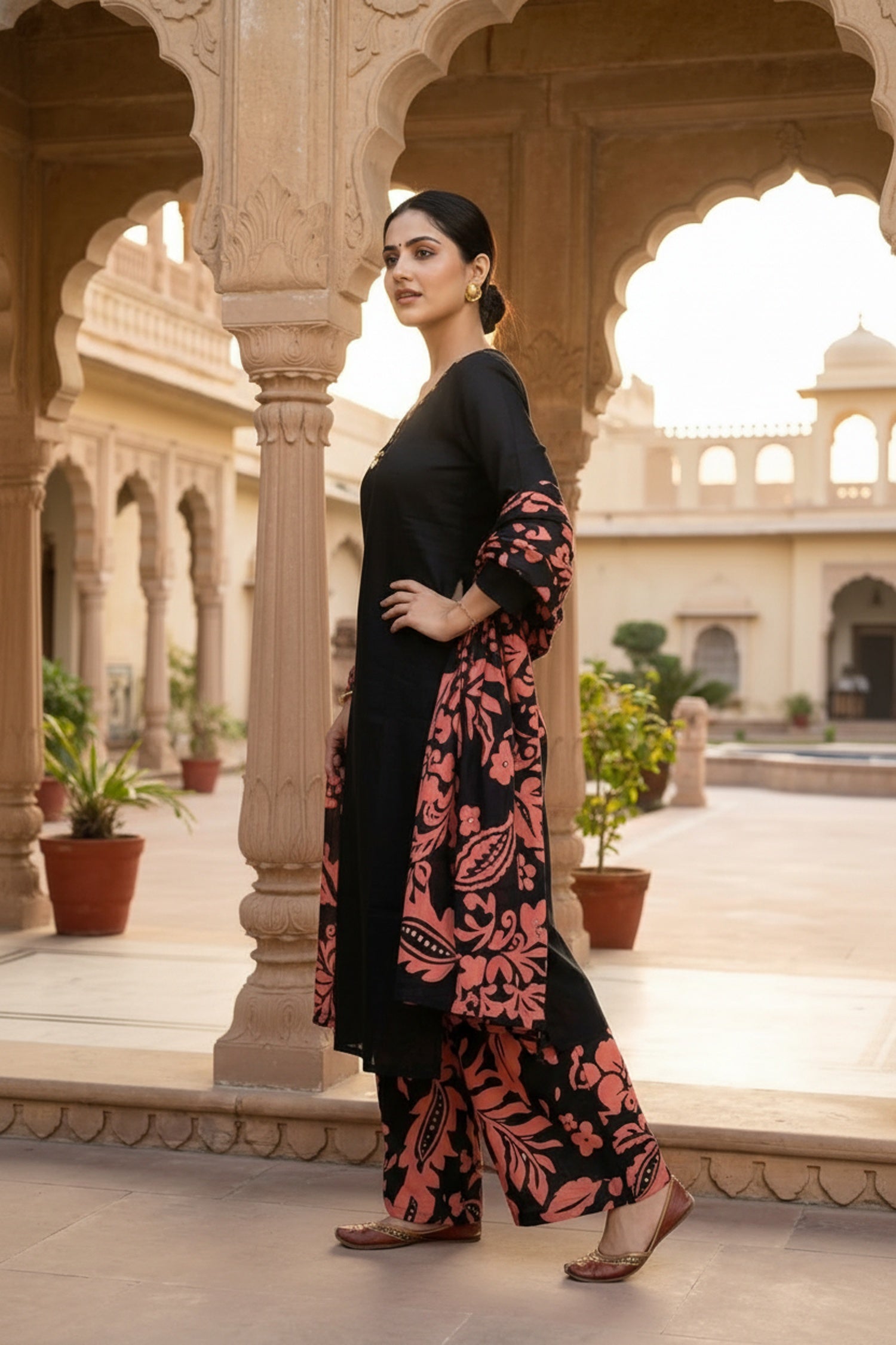 Black Straight Cut Three-Piece Set with Printed Bottom & Dupatta