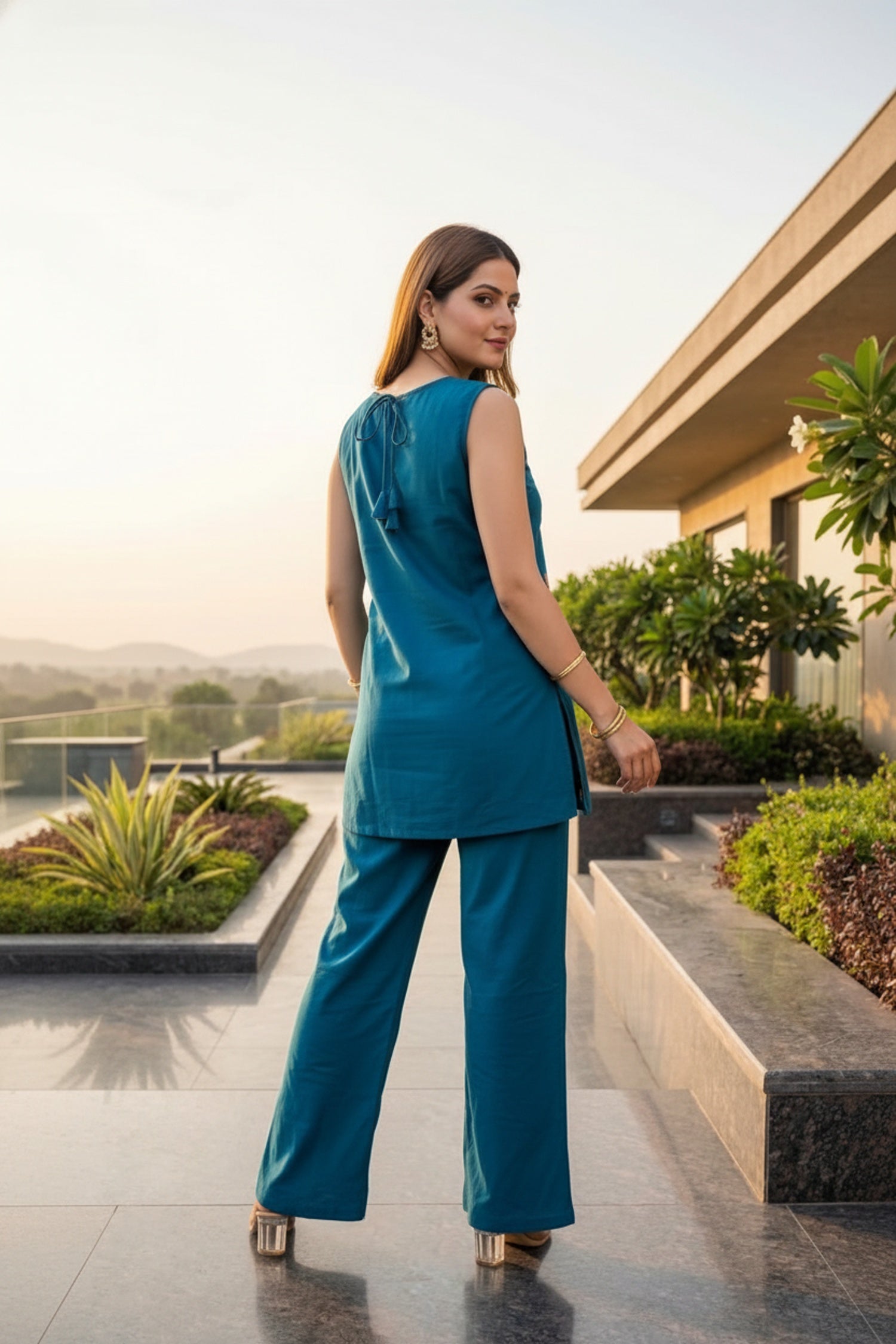 Blue Sleeveless Cotton Co-ord Set with Floral Embroidery