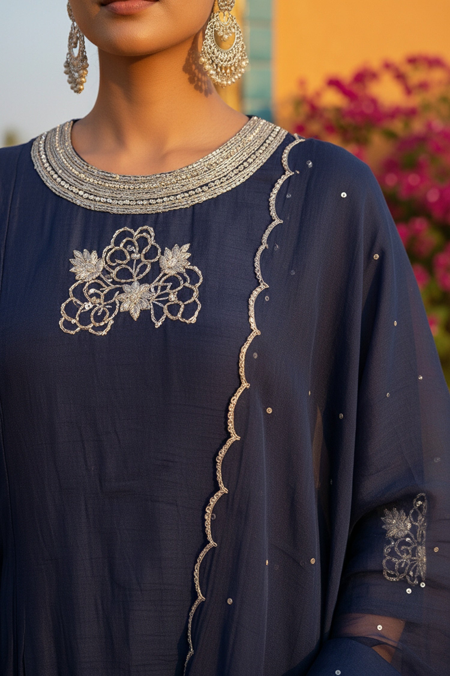 Blue Embroidered Three Piece Suit Set