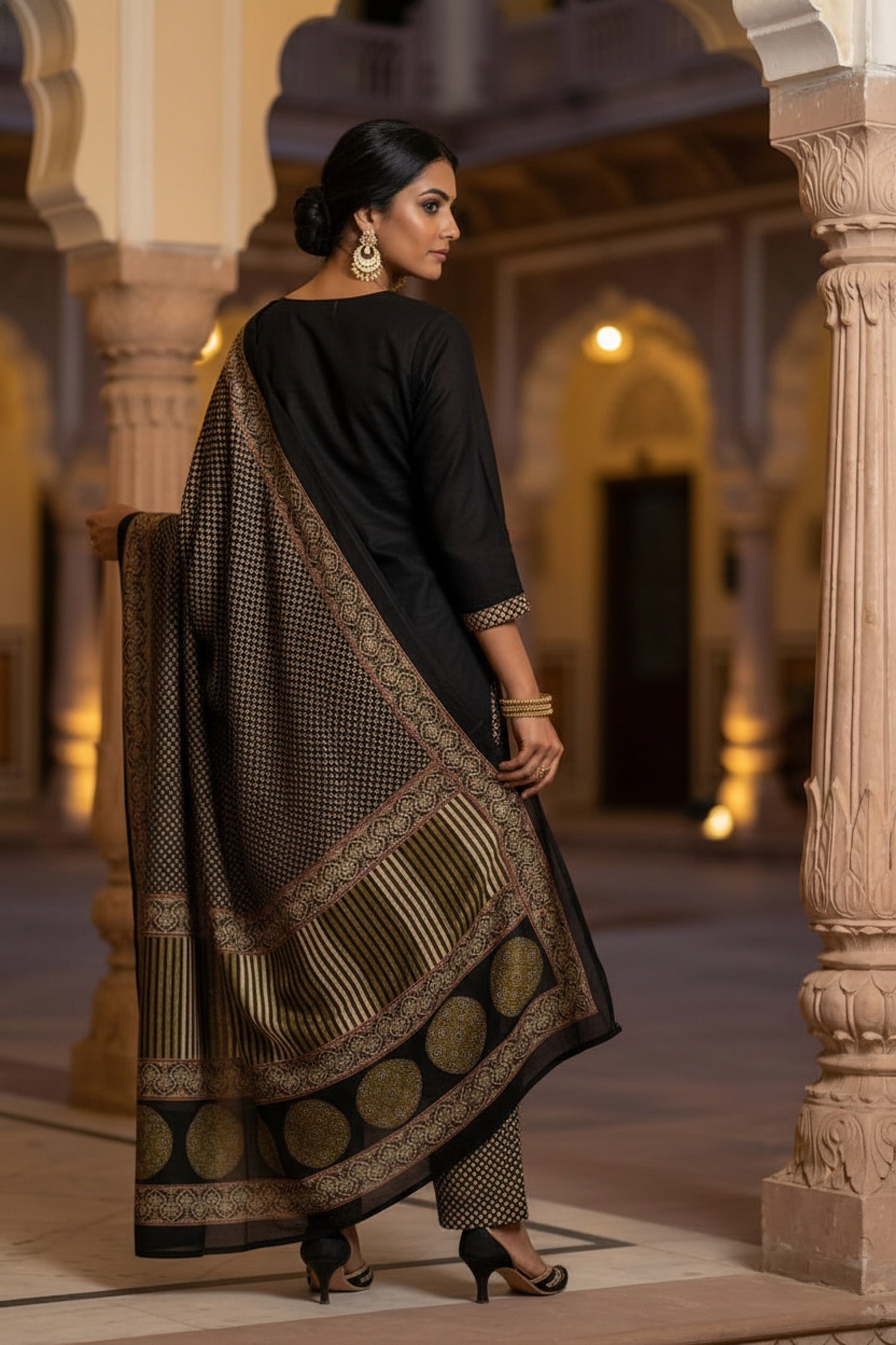 Black Royale Embroidered Straight-Cut Three Piece Suit Set