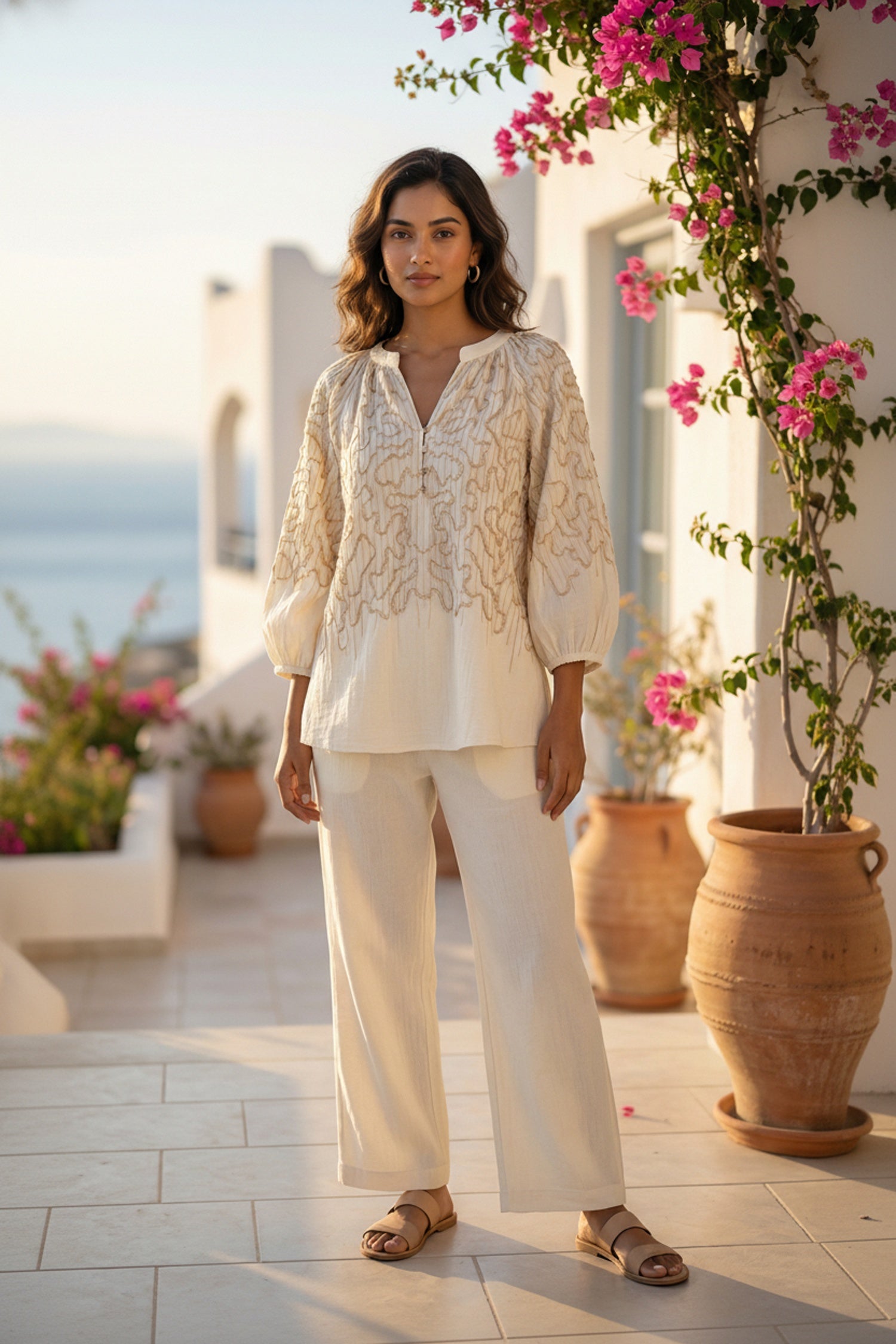 Off-White Cotton Co-ord Set with Thread Work