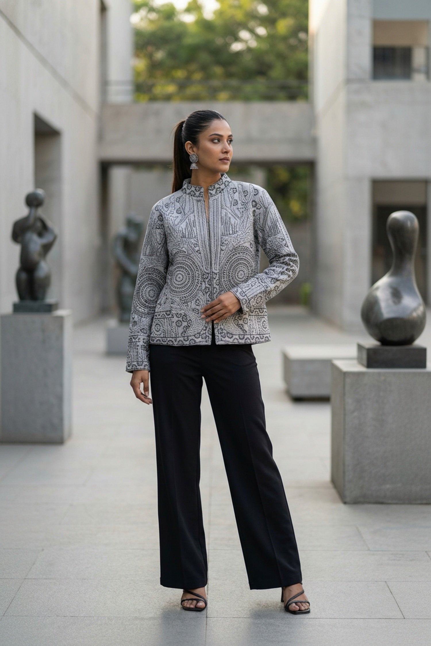 Grey Thread Work Cotton Ethnic Jacket