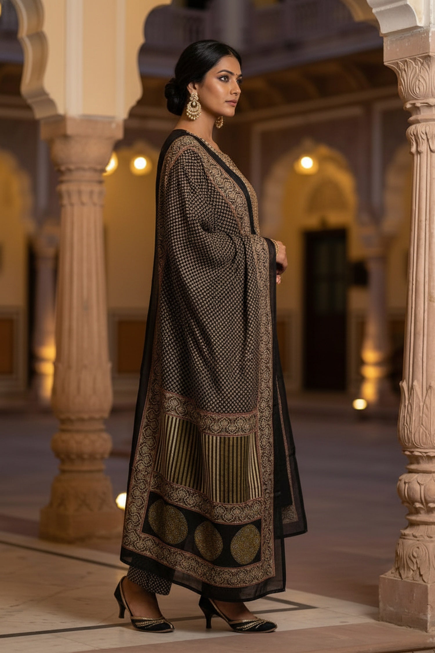 Black Royale Embroidered Straight-Cut Three Piece Suit Set