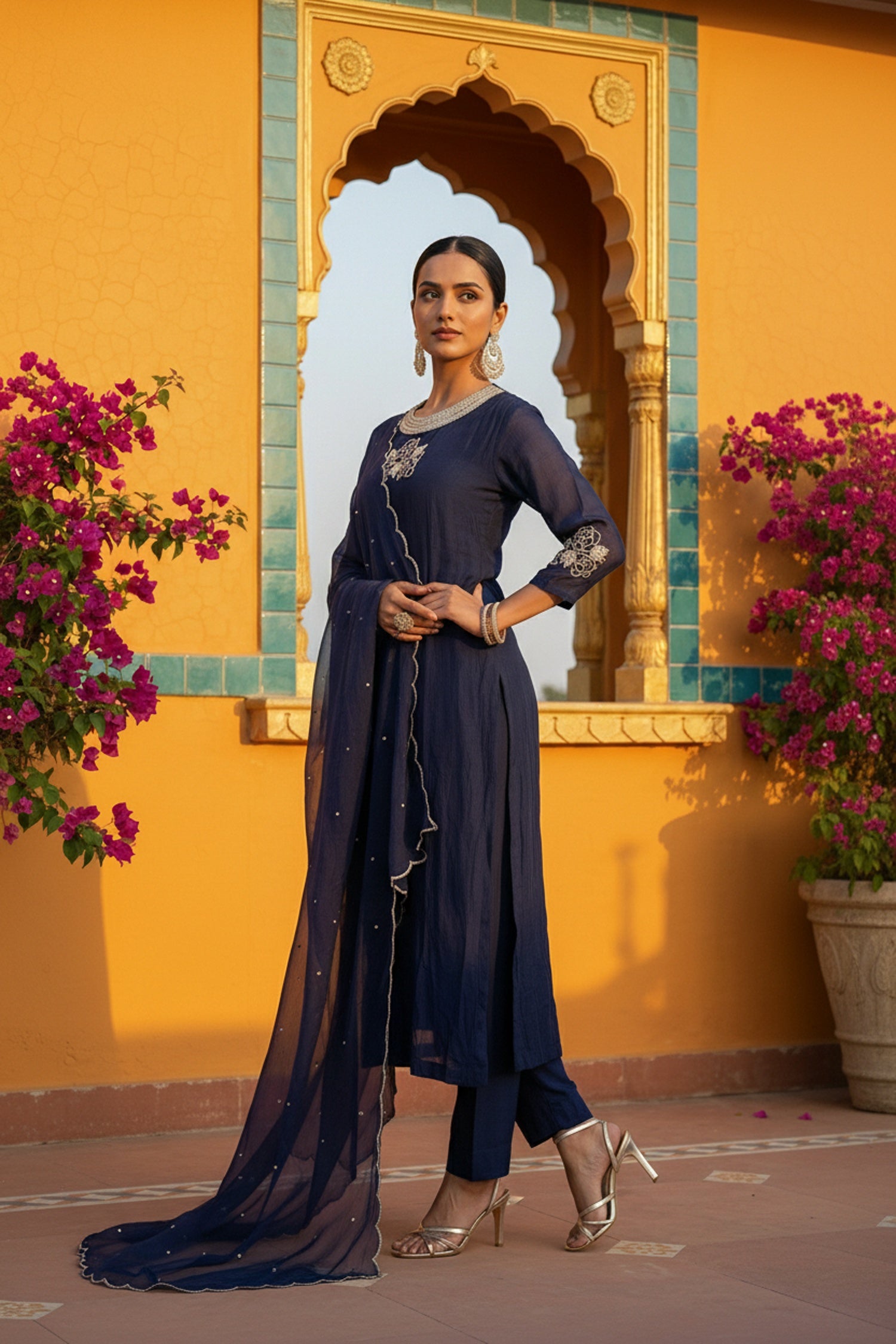 Blue Embroidered Three Piece Suit Set