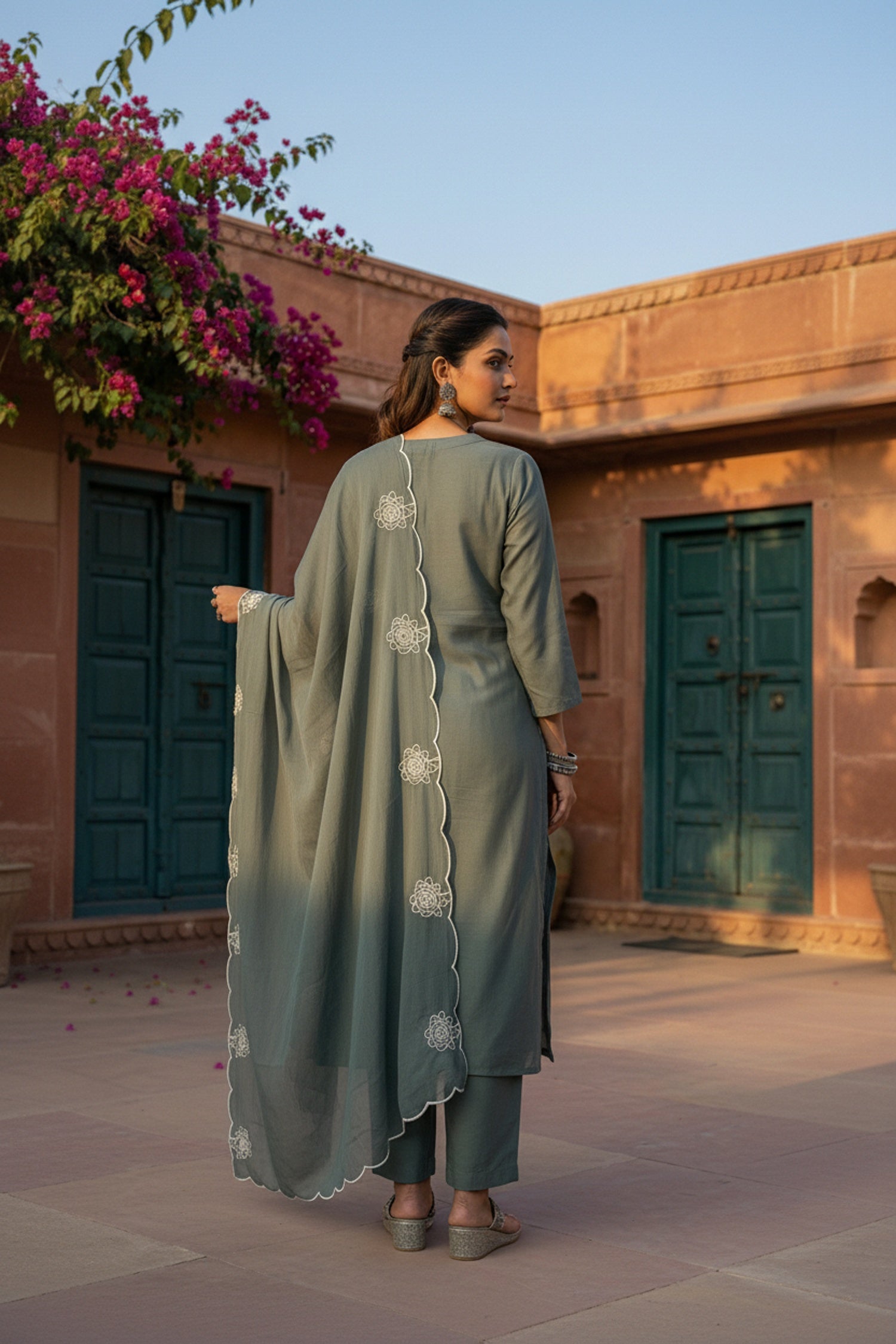 Bottle Green Mul Cotton Three Piece with Minimal Print