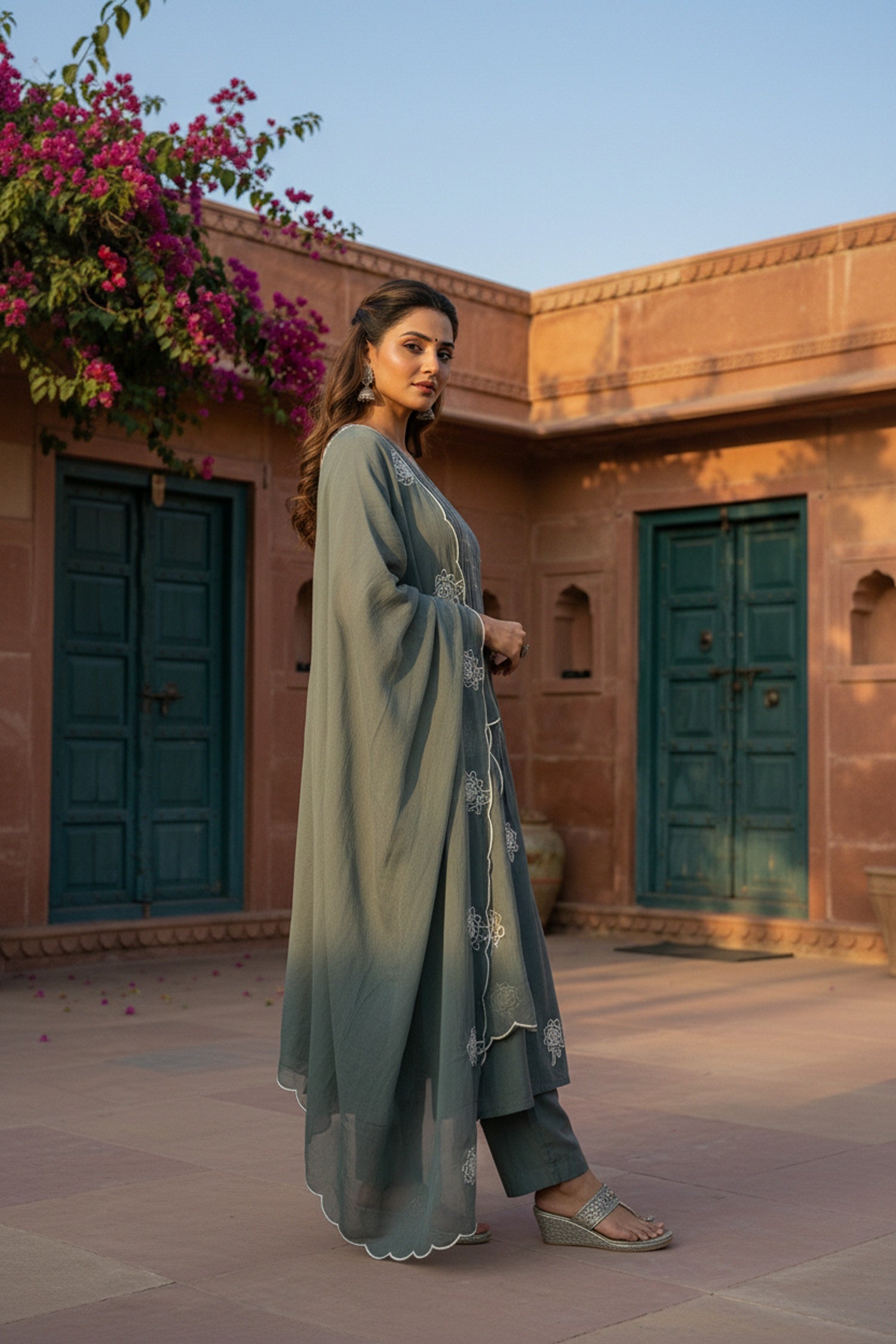 Bottle Green Mul Cotton Three Piece with Minimal Print