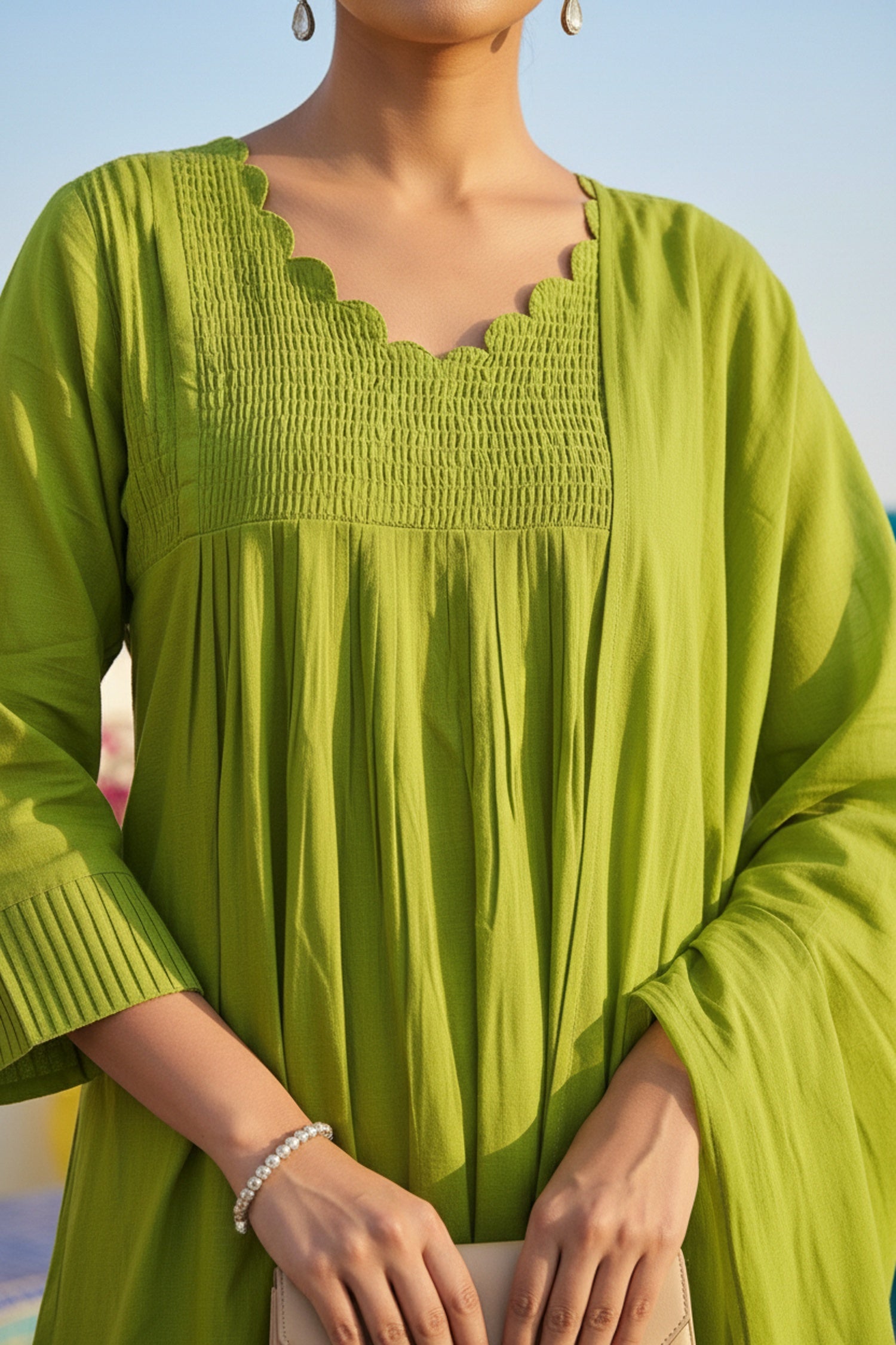 Green Mul Cotton Three Piece with Minimal Embroidery
