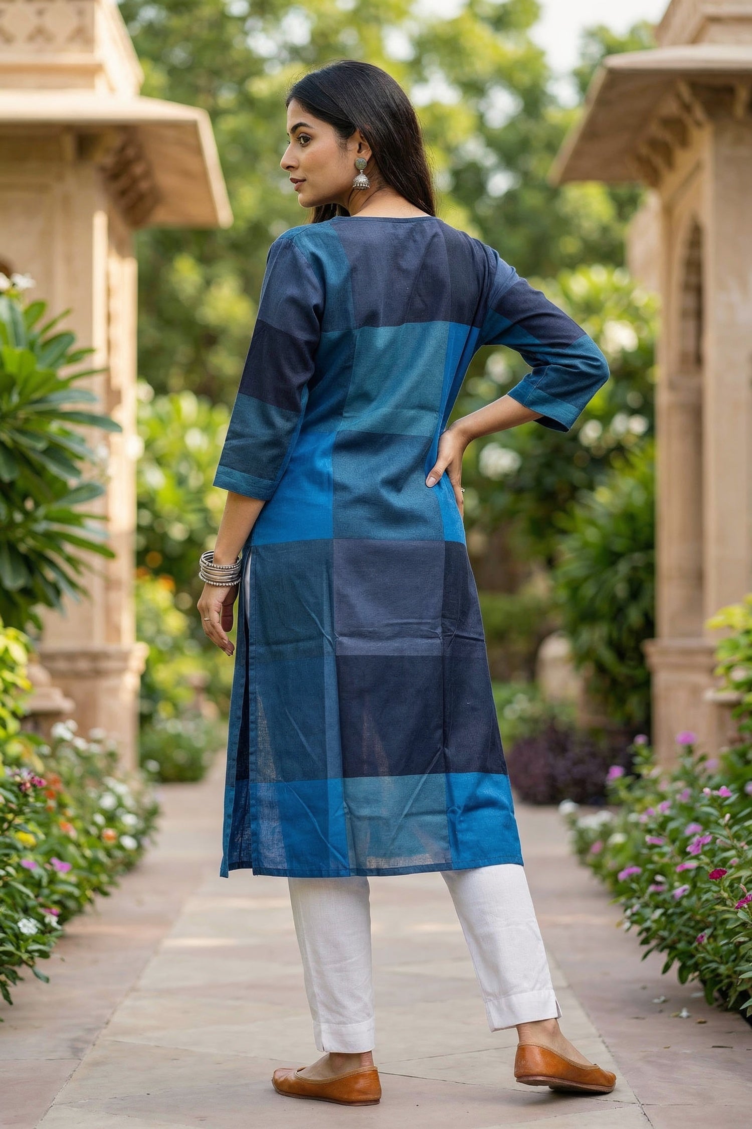 Blue Patterned Cotton Work Long Kurti