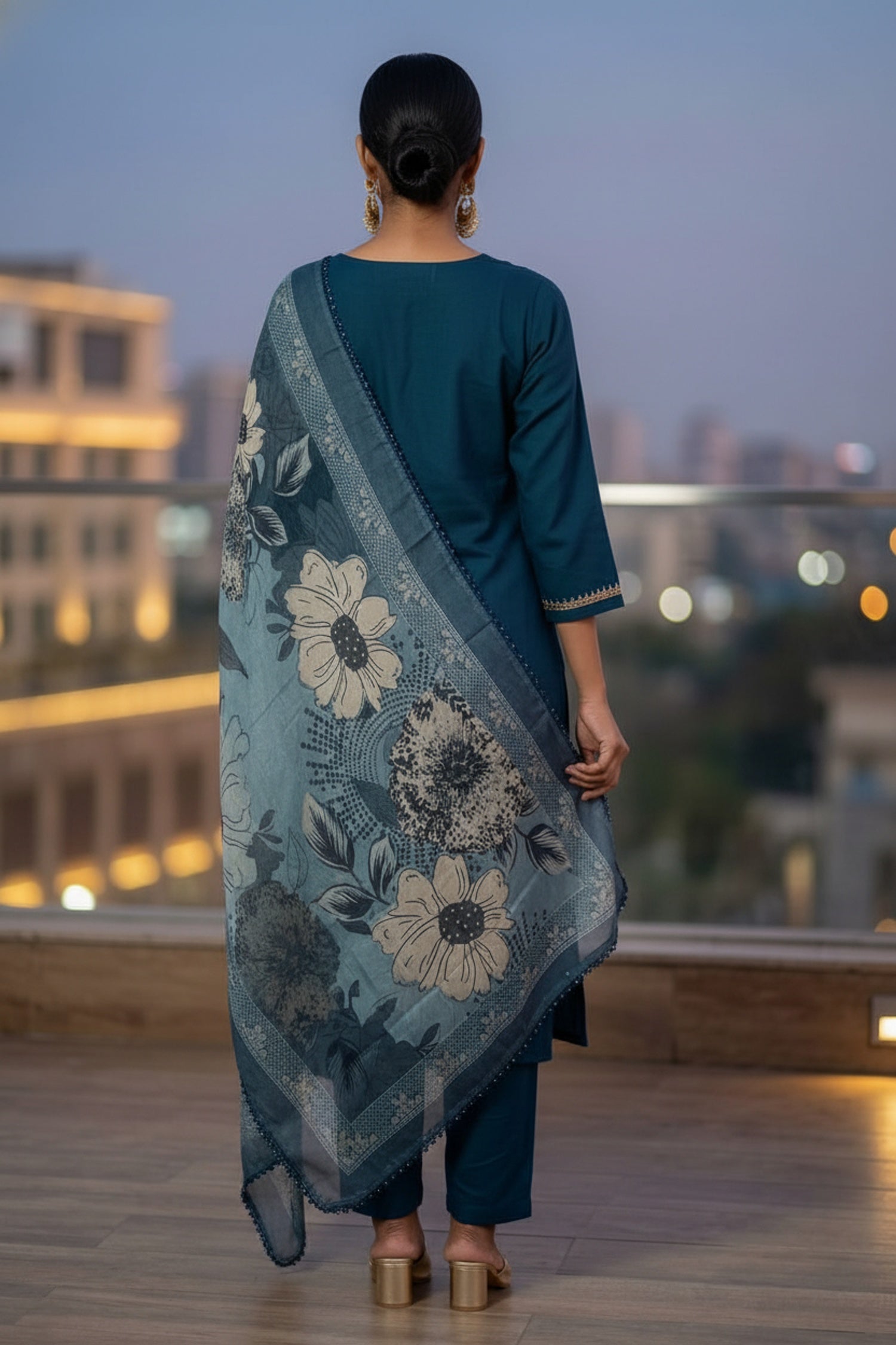 Royal Navy Straight-Cut Suit with Printed Dupatta