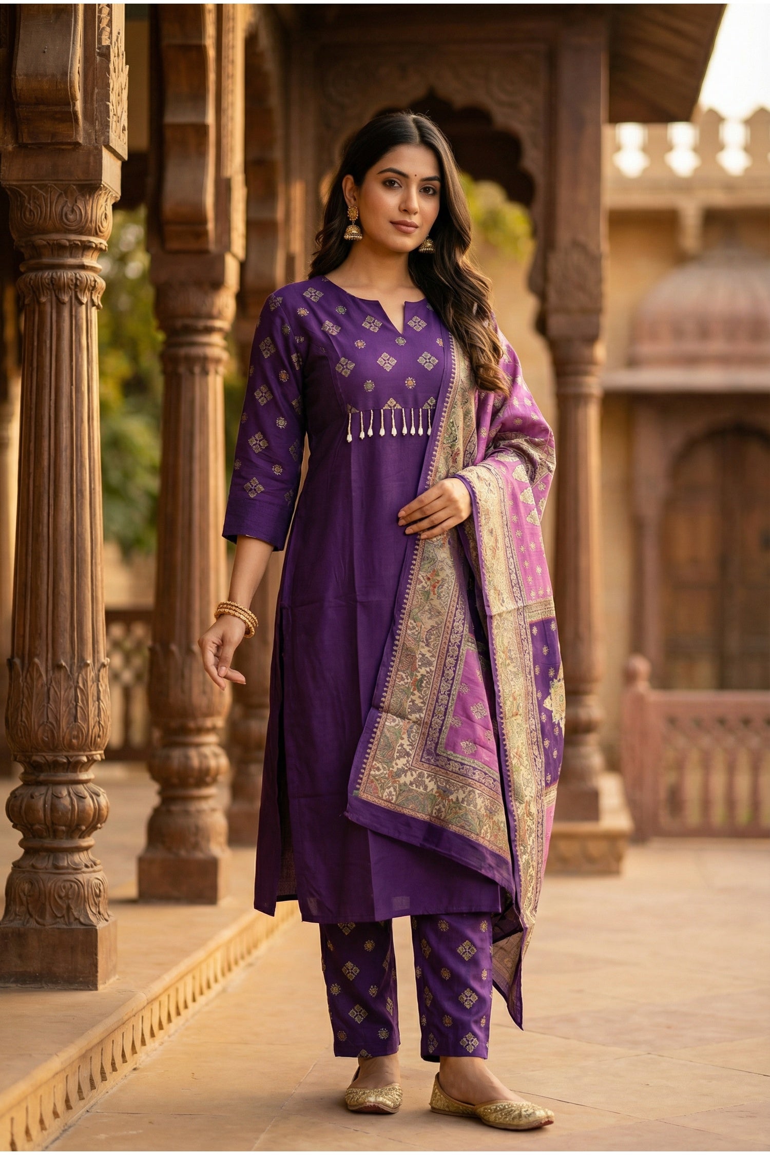 Purple Royale Straight-Cut Embroidered Three Piece Suit Set