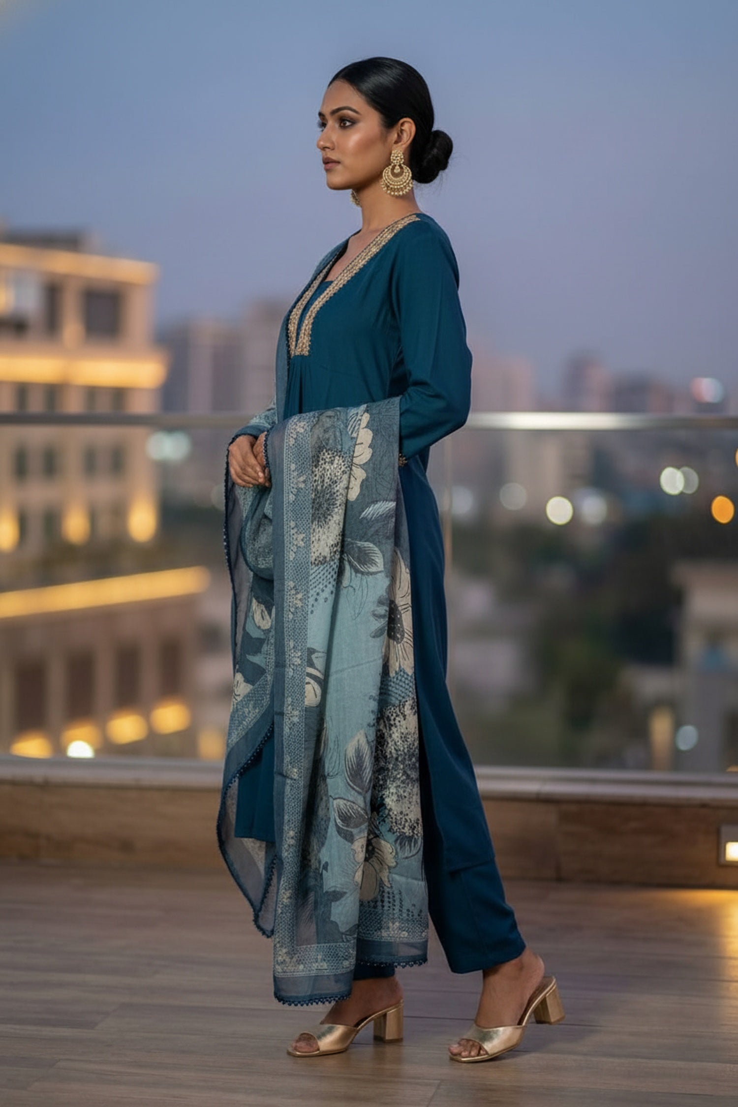 Royal Navy Straight-Cut Suit with Printed Dupatta